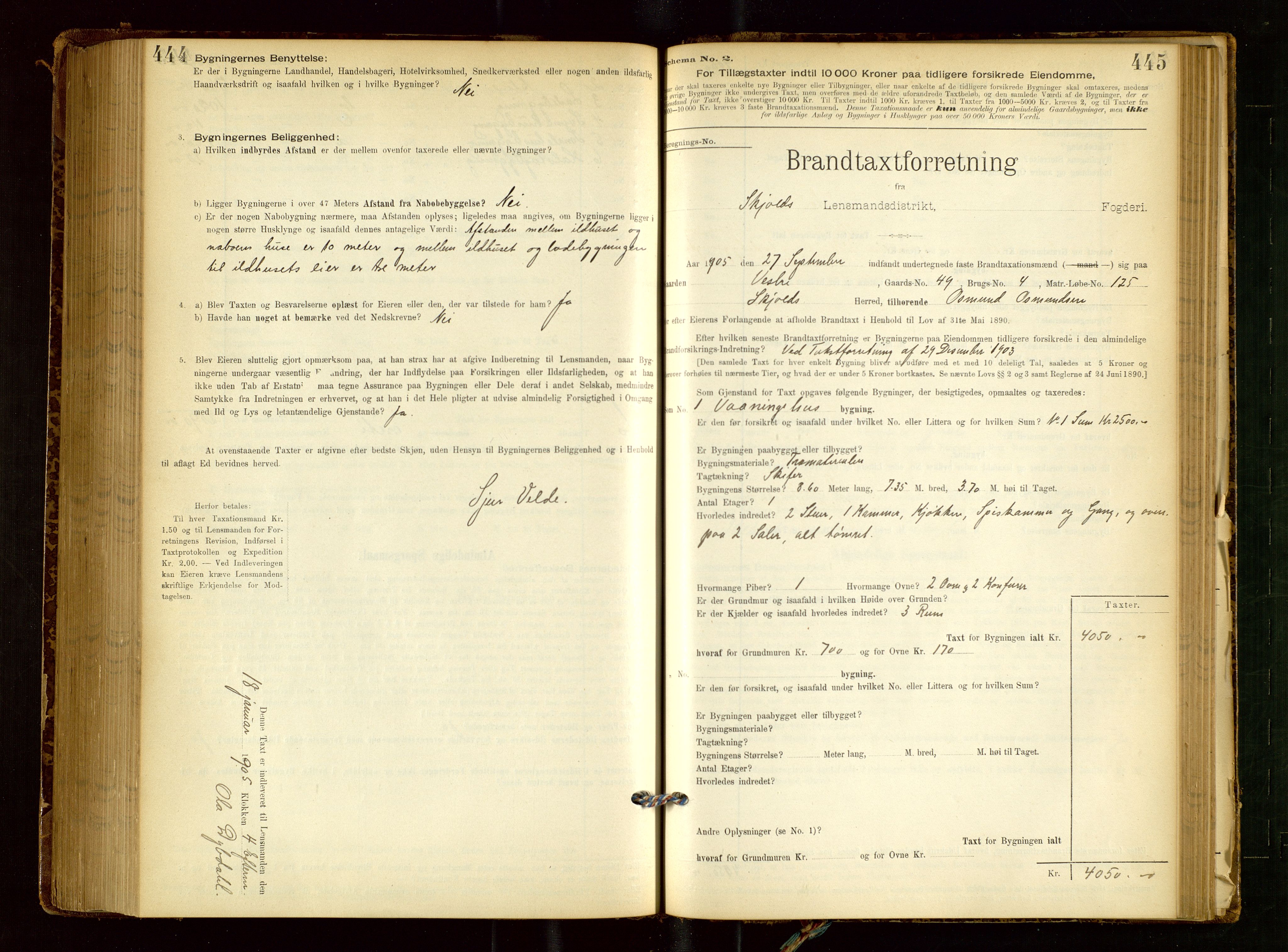 Skjold lensmannskontor, SAST/A-100182/Gob/L0001: "Brandtaxationsprotokol for Skjold Lensmandsdistrikt Ryfylke Fogderi", 1894-1939, p. 444-445