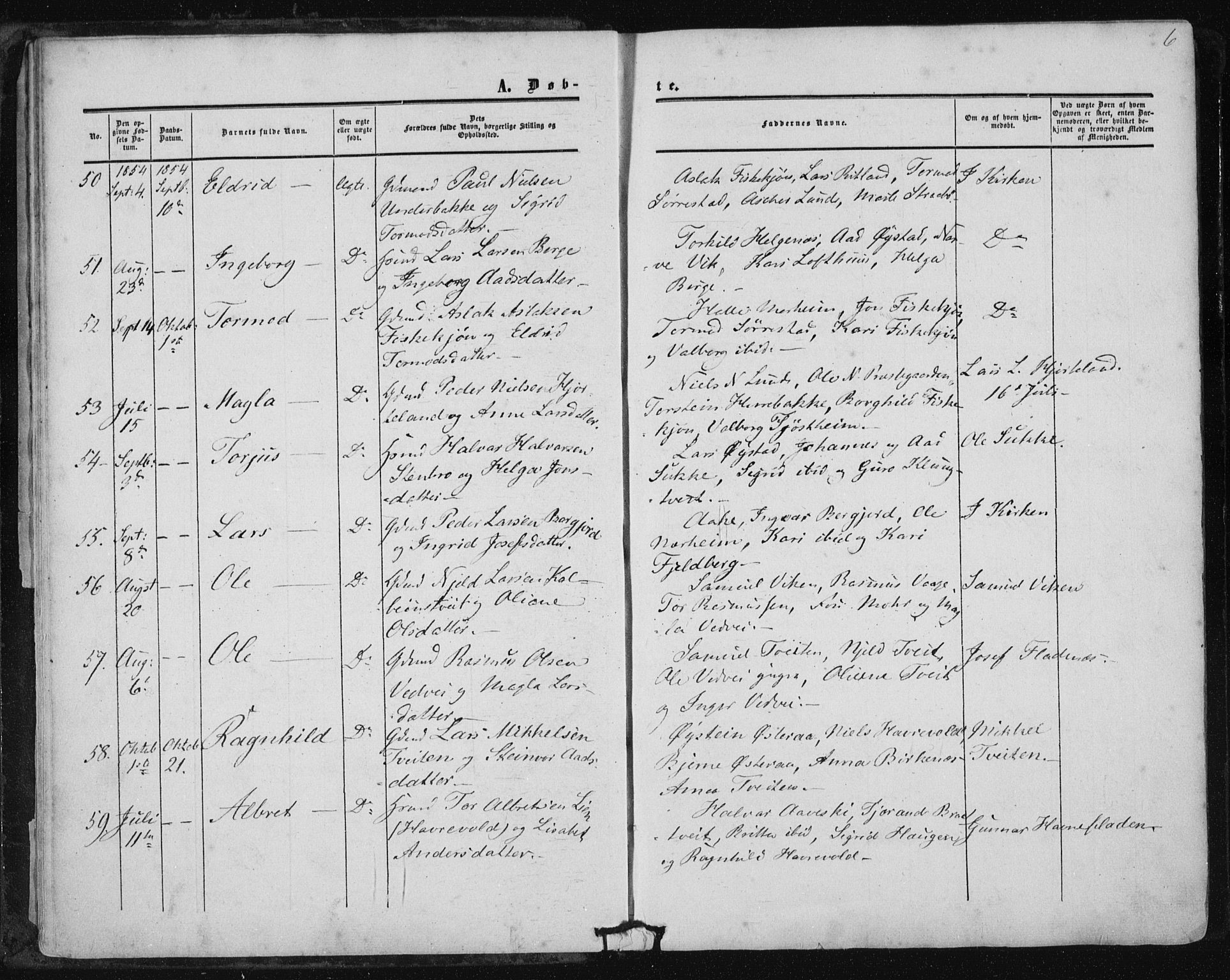 Suldal sokneprestkontor, AV/SAST-A-101845/01/IV/L0009: Parish register (official) no. A 9, 1854-1868, p. 6