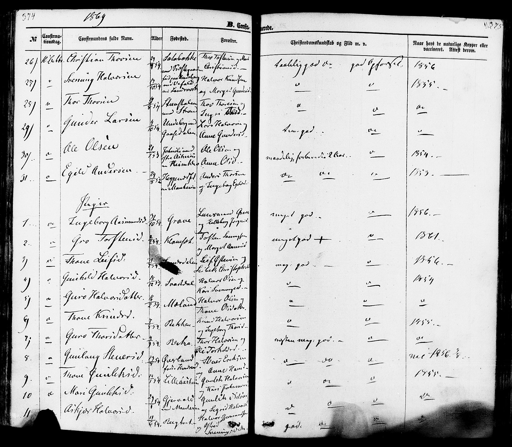 Seljord kirkebøker, SAKO/A-20/F/Fa/L0013: Parish register (official) no. I 13, 1866-1876, p. 374-375