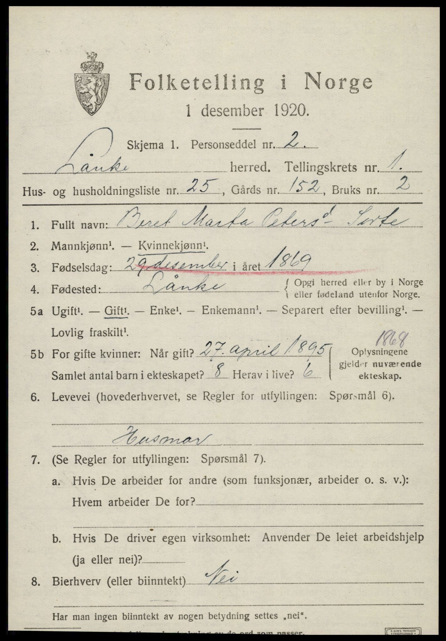 SAT, 1920 census for Lånke, 1920, p. 826