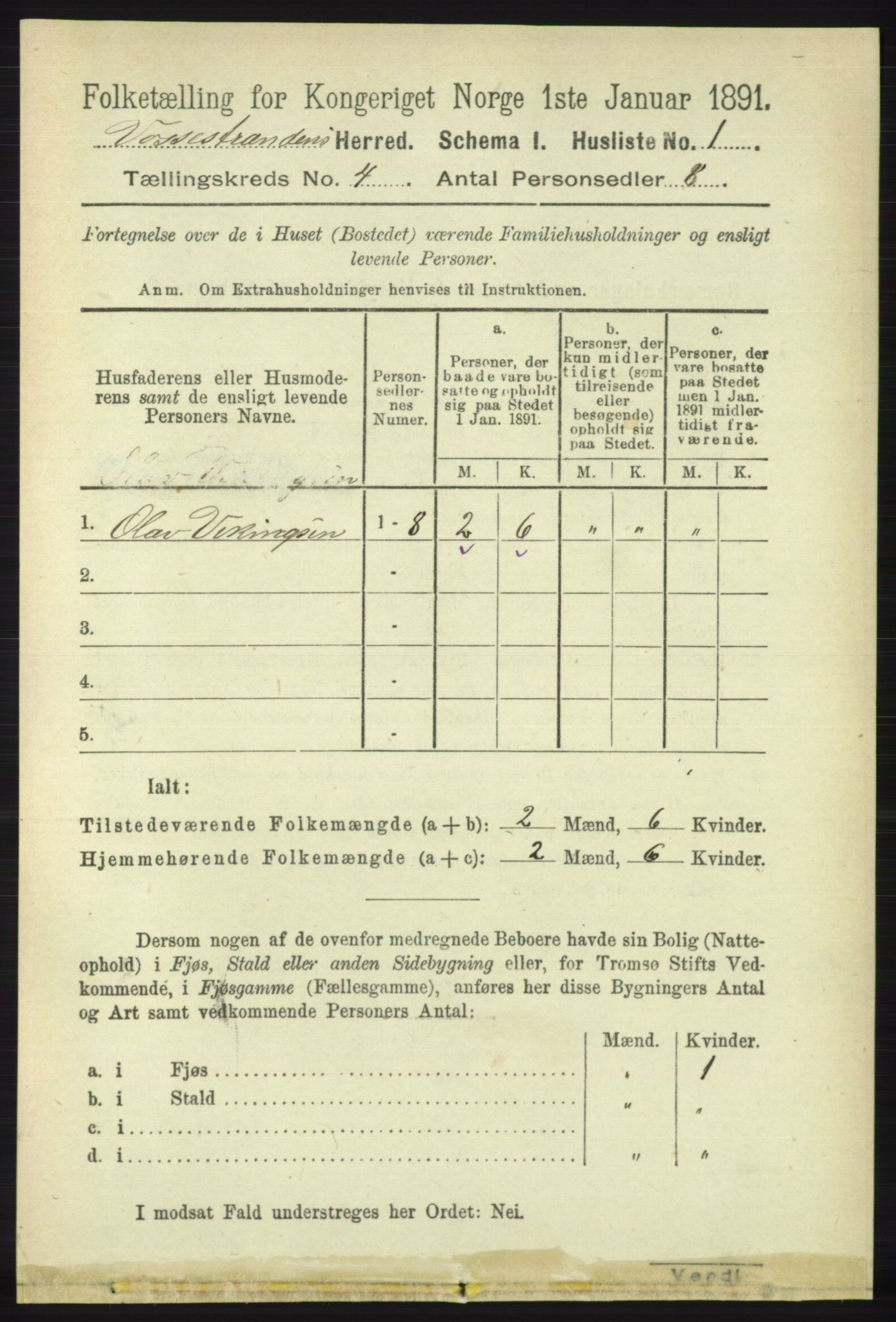RA, 1891 census for 1236 Vossestrand, 1891, p. 1467
