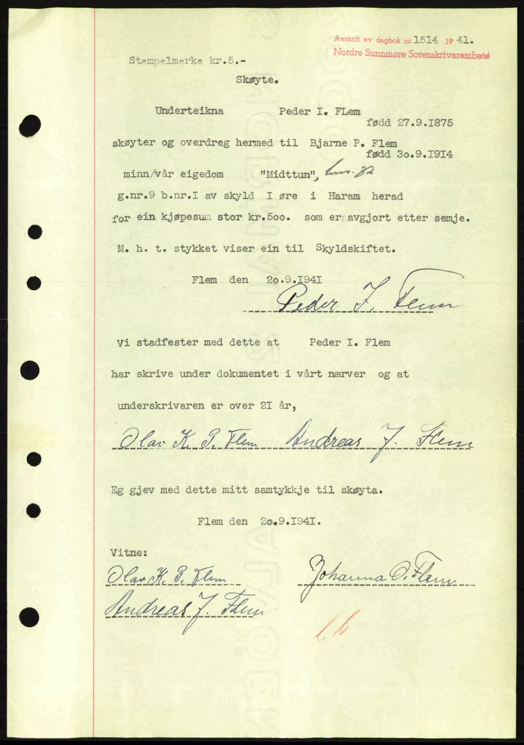 Nordre Sunnmøre sorenskriveri, AV/SAT-A-0006/1/2/2C/2Ca: Mortgage book no. A11, 1941-1941, Diary no: : 1514/1941