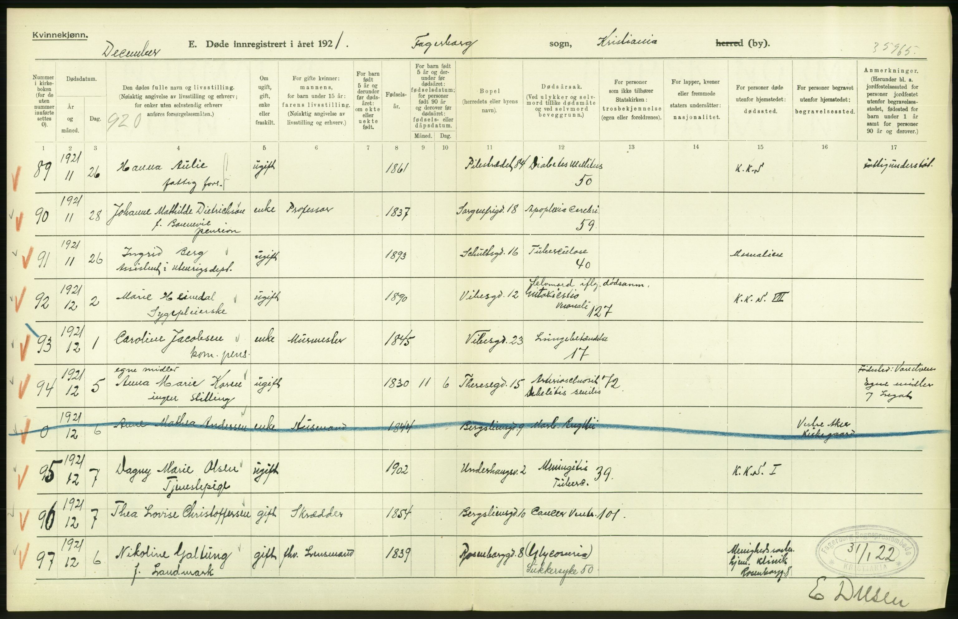 Statistisk sentralbyrå, Sosiodemografiske emner, Befolkning, AV/RA-S-2228/D/Df/Dfc/Dfca/L0012: Kristiania: Døde, 1921, p. 342