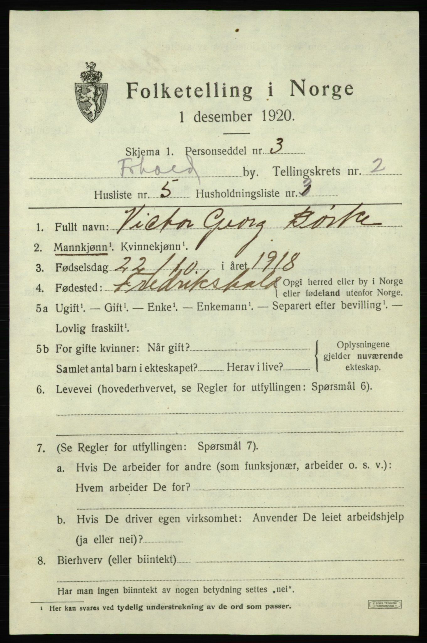 SAO, 1920 census for Fredrikshald, 1920, p. 9322