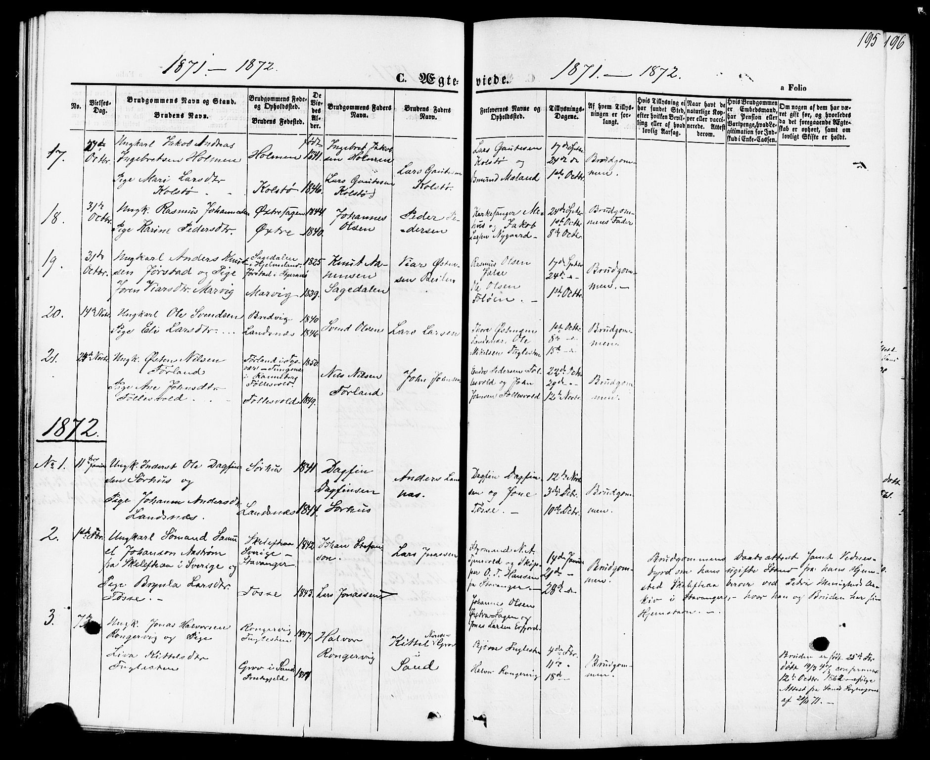 Jelsa sokneprestkontor, SAST/A-101842/01/IV: Parish register (official) no. A 8, 1867-1883, p. 195