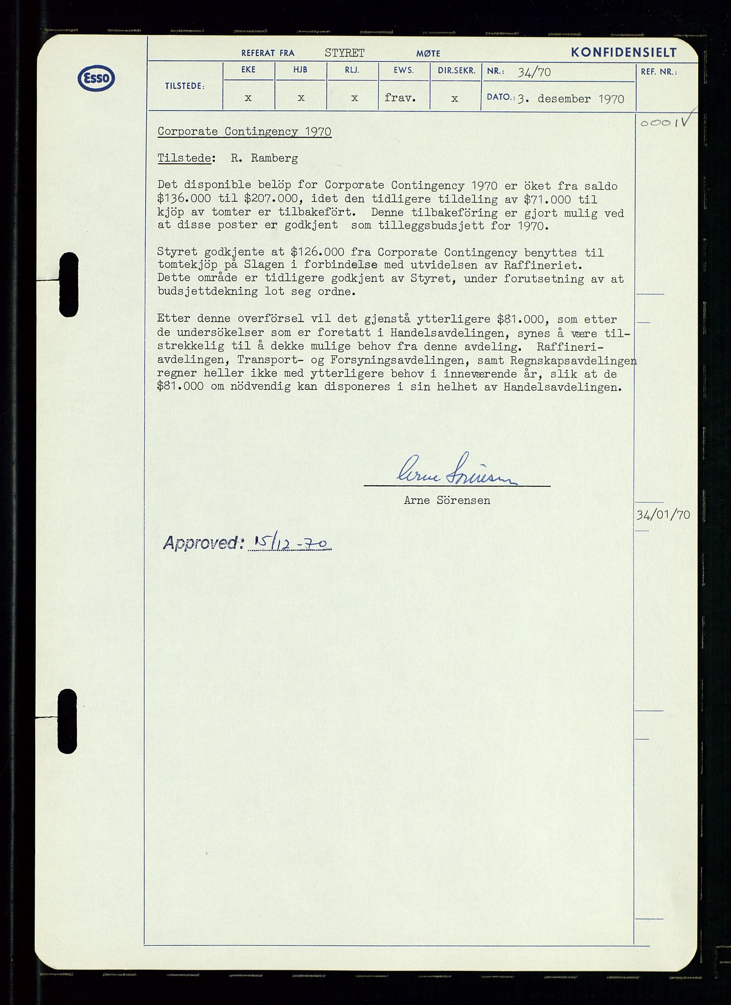 Pa 0982 - Esso Norge A/S, AV/SAST-A-100448/A/Aa/L0003/0002: Den administrerende direksjon Board minutes (styrereferater) og Bedriftforsamlingsprotokoll / Den administrerende direksjon Board minutes (styrereferater), 1970-1974, p. 171