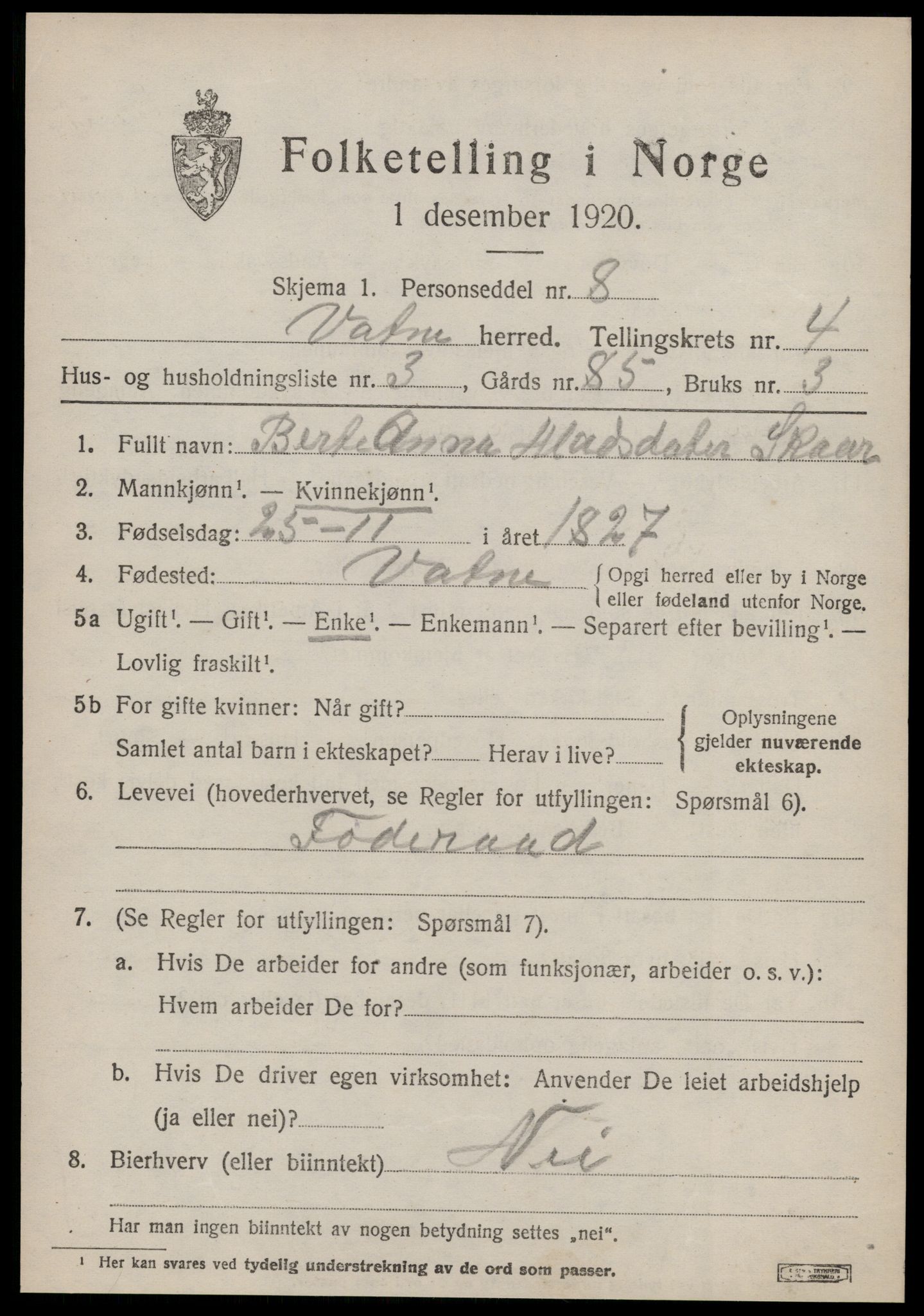 SAT, 1920 census for Vatne, 1920, p. 1852