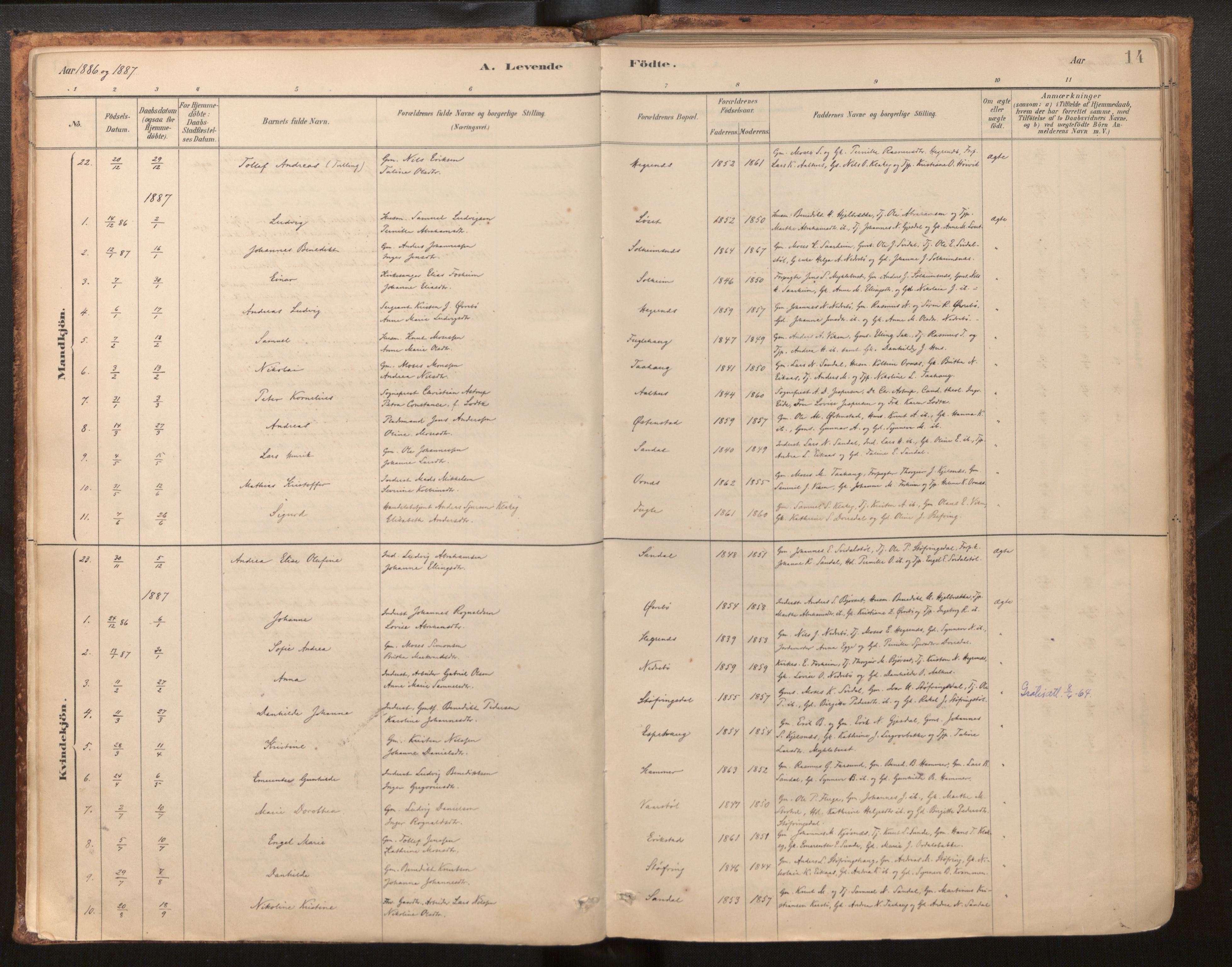 Jølster sokneprestembete, AV/SAB-A-80701/H/Haa/Haab/L0001: Parish register (official) no. B 1, 1882-1930, p. 14