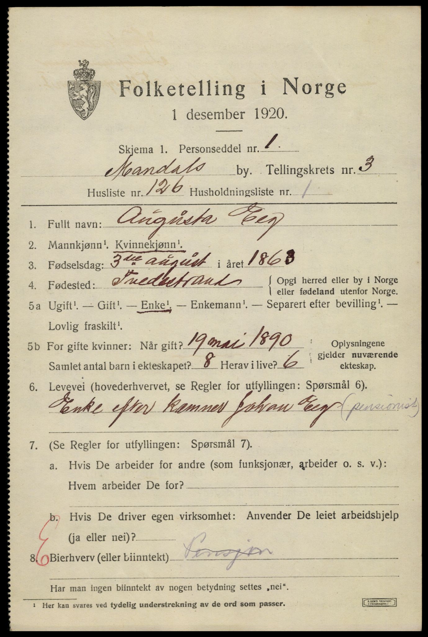 SAK, 1920 census for Mandal, 1920, p. 6887