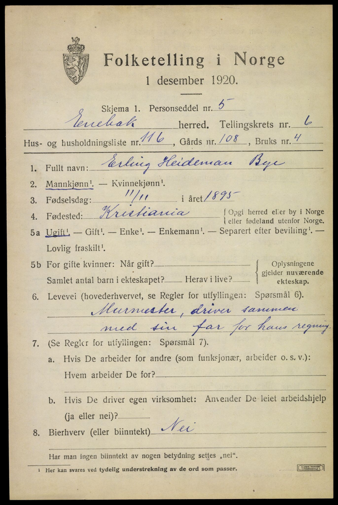 SAO, 1920 census for Enebakk, 1920, p. 6085