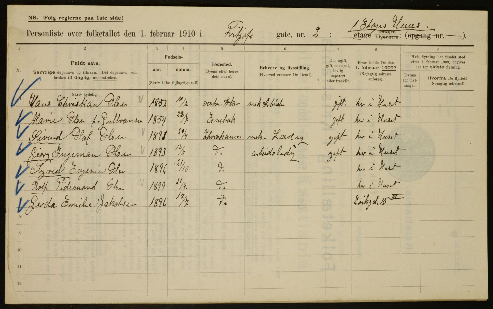 OBA, Municipal Census 1910 for Kristiania, 1910, p. 25119