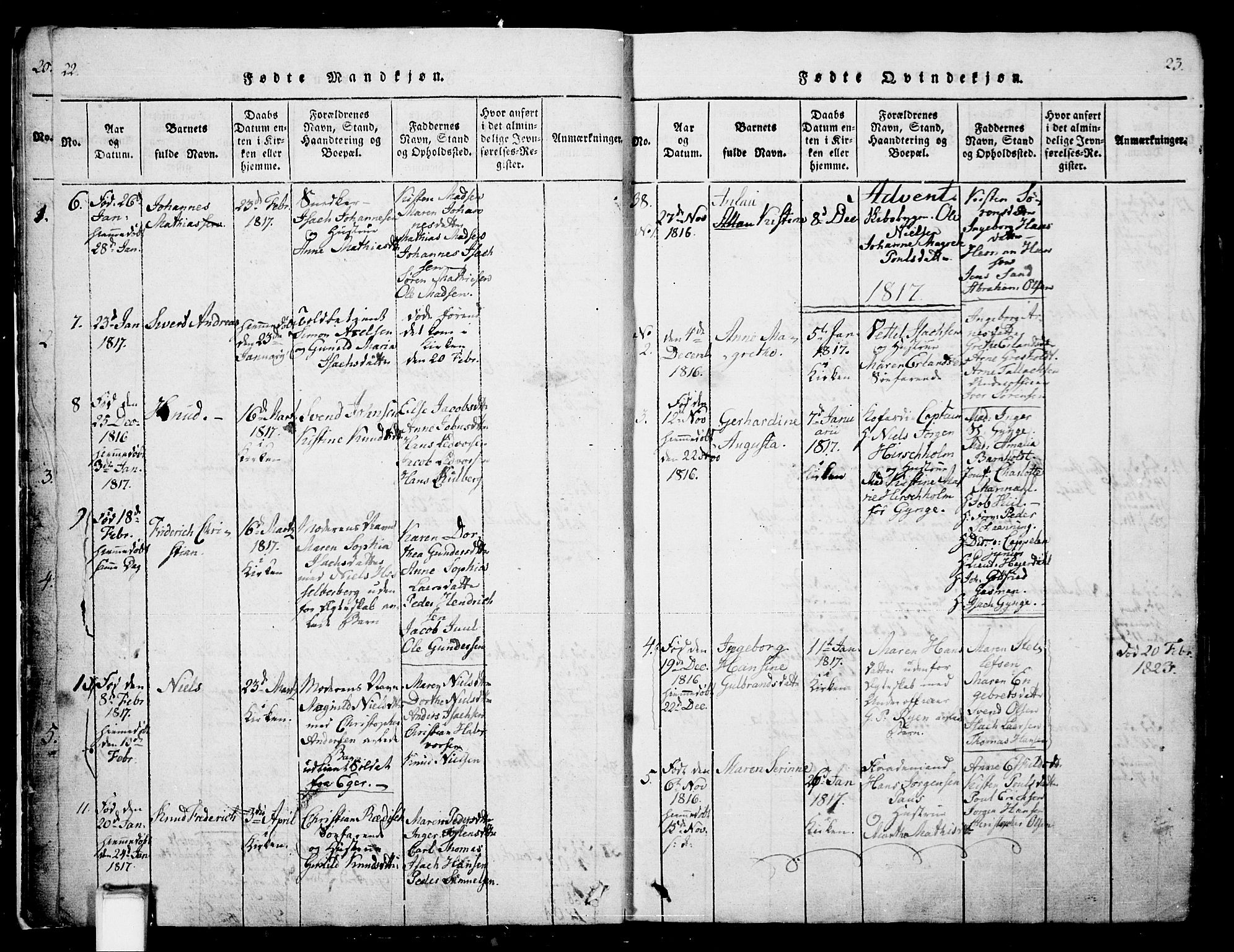 Skien kirkebøker, AV/SAKO-A-302/G/Ga/L0002: Parish register (copy) no. 2, 1814-1842, p. 22-23