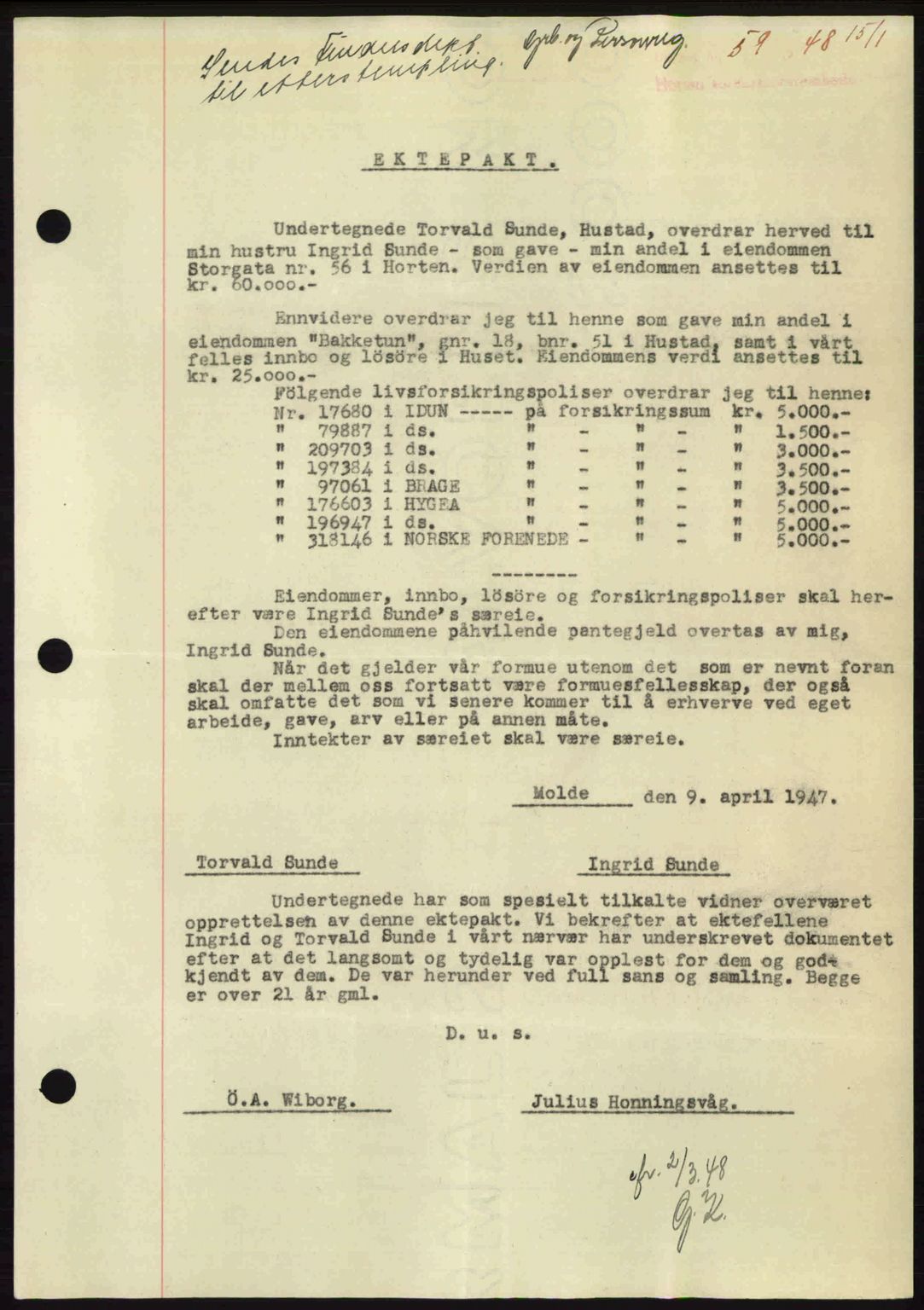 Horten sorenskriveri, AV/SAKO-A-133/G/Ga/Gaa/L0010: Mortgage book no. A-10, 1947-1948, Diary no: : 59/1948