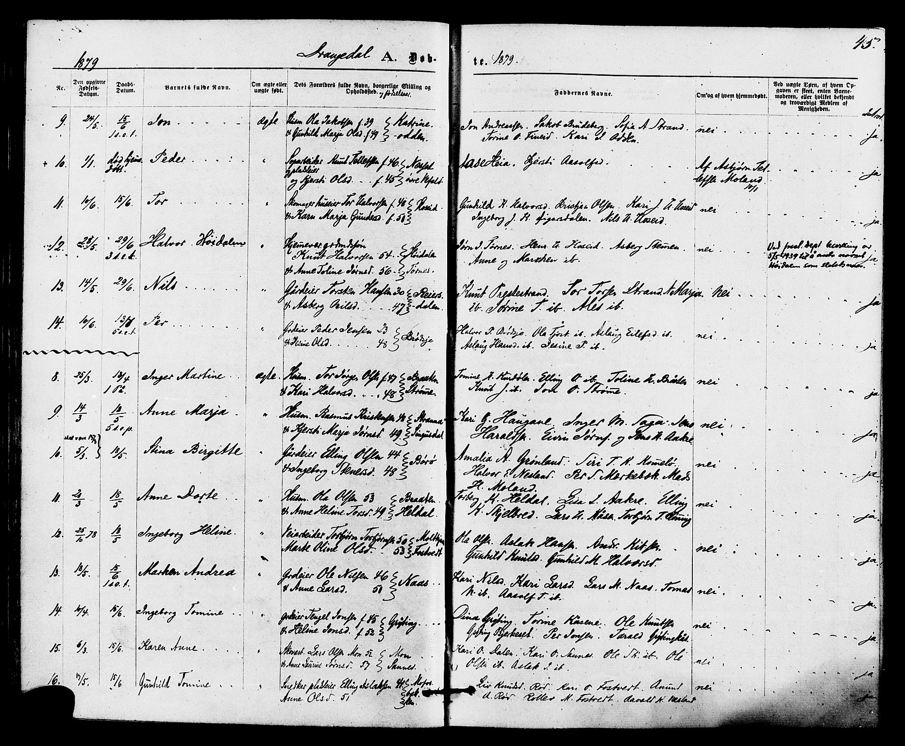 Drangedal kirkebøker, AV/SAKO-A-258/F/Fa/L0009: Parish register (official) no. 9 /1, 1872-1884, p. 45