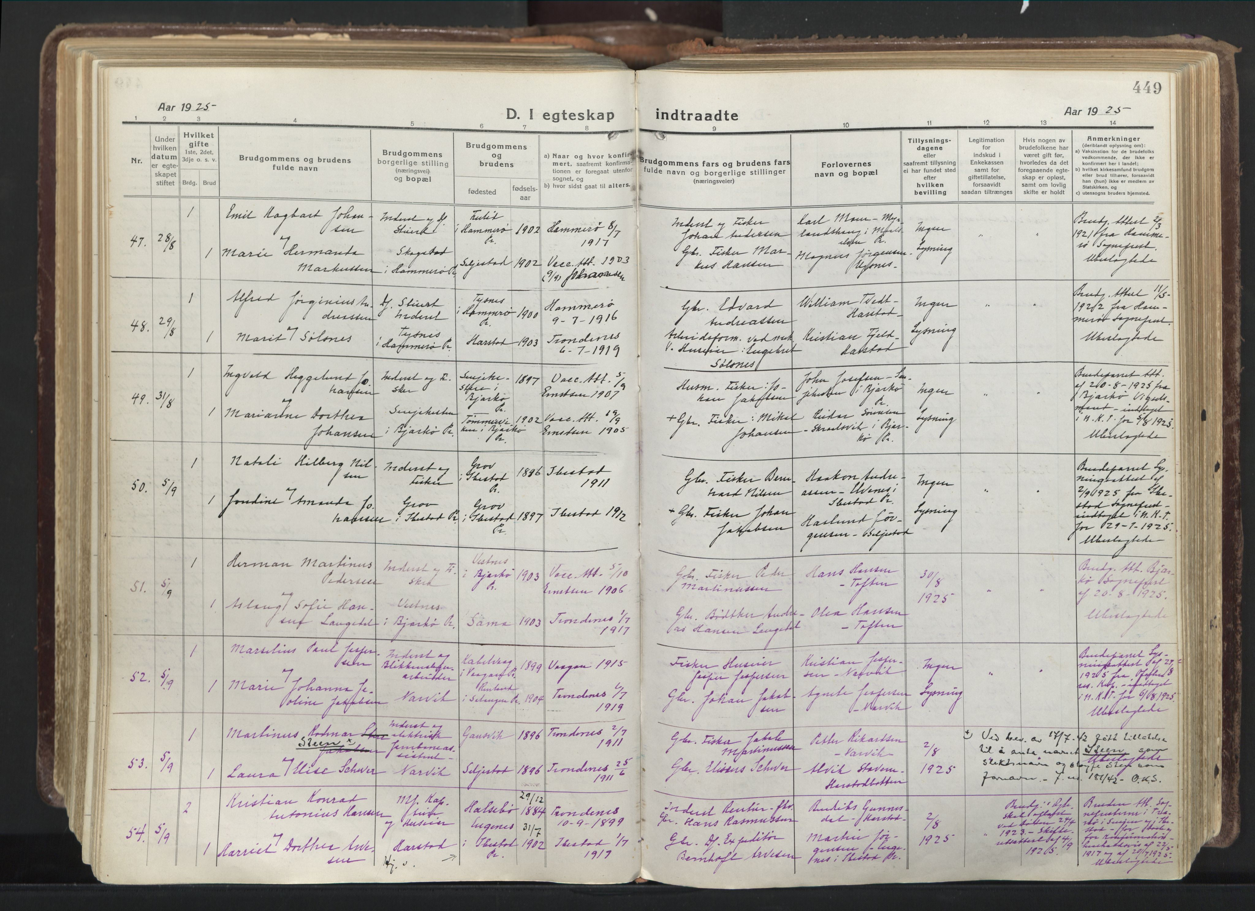 Trondenes sokneprestkontor, AV/SATØ-S-1319/H/Ha/L0019kirke: Parish register (official) no. 19, 1919-1928, p. 449