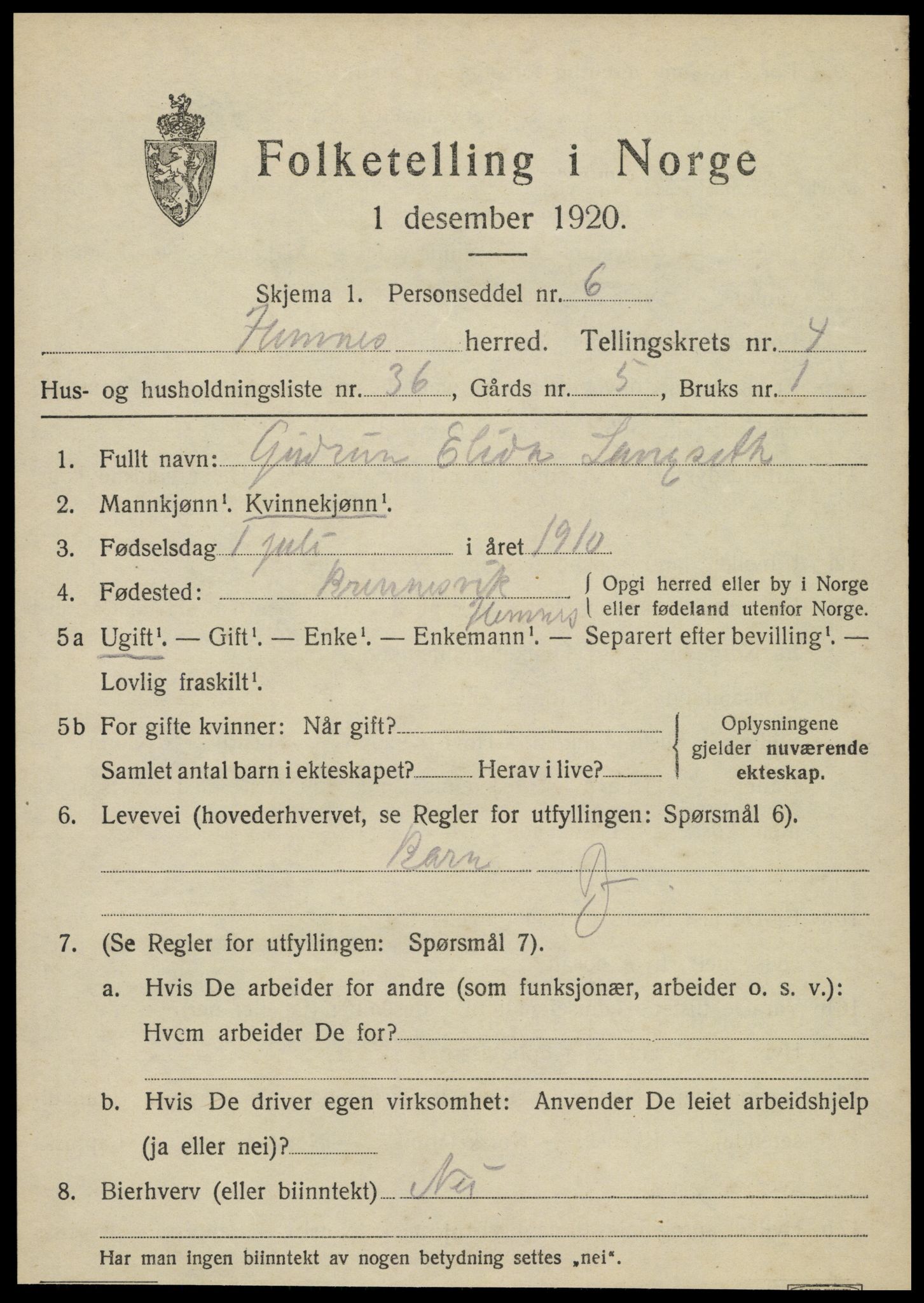 SAT, 1920 census for Hemnes, 1920, p. 5930