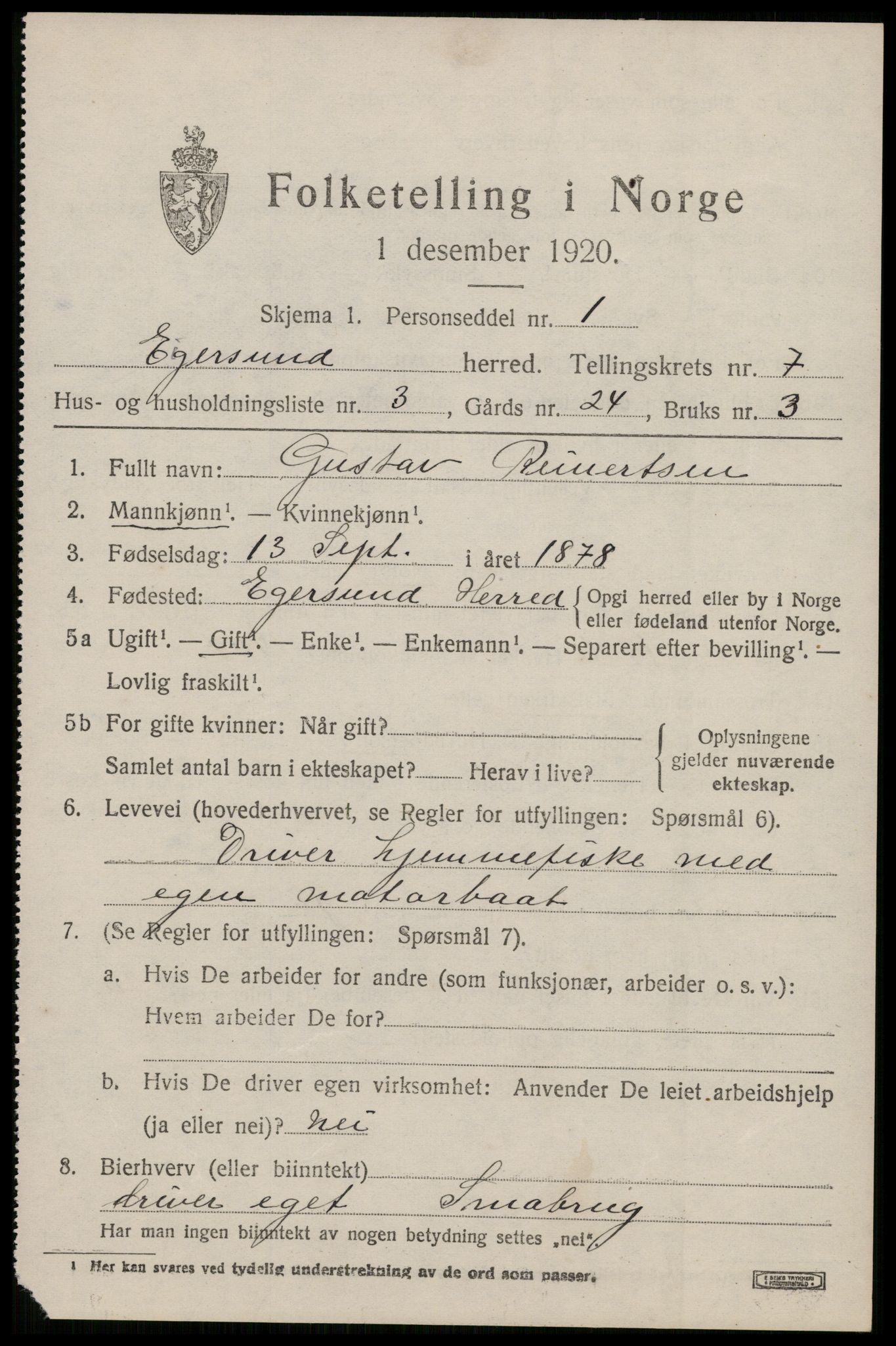 SAST, 1920 census for Eigersund, 1920, p. 4653