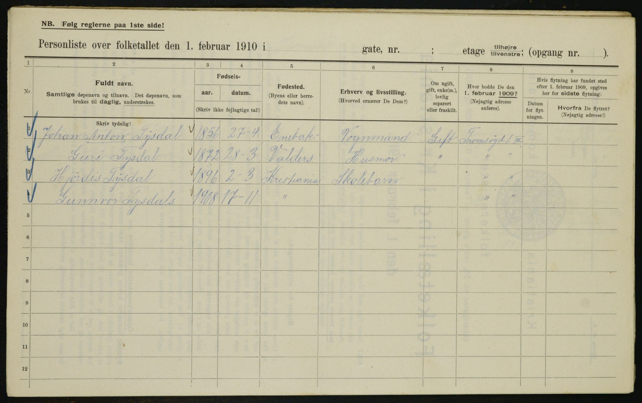 OBA, Municipal Census 1910 for Kristiania, 1910, p. 109725