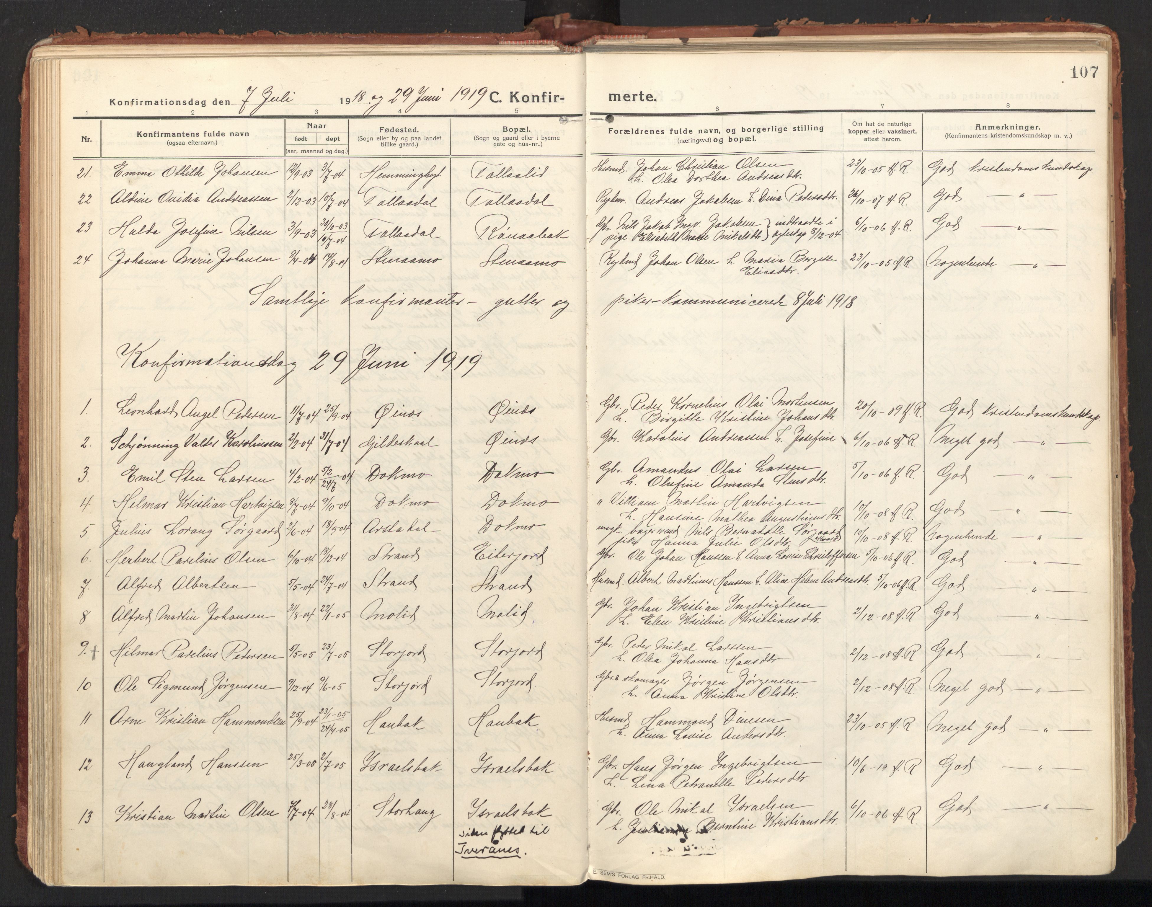 Ministerialprotokoller, klokkerbøker og fødselsregistre - Nordland, SAT/A-1459/846/L0650: Parish register (official) no. 846A08, 1916-1935, p. 107