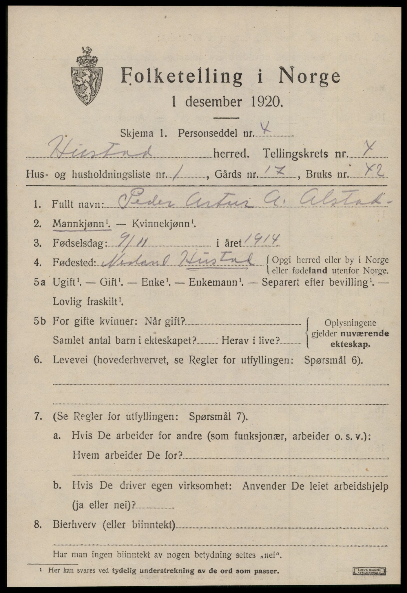 SAT, 1920 census for Hustad, 1920, p. 2953