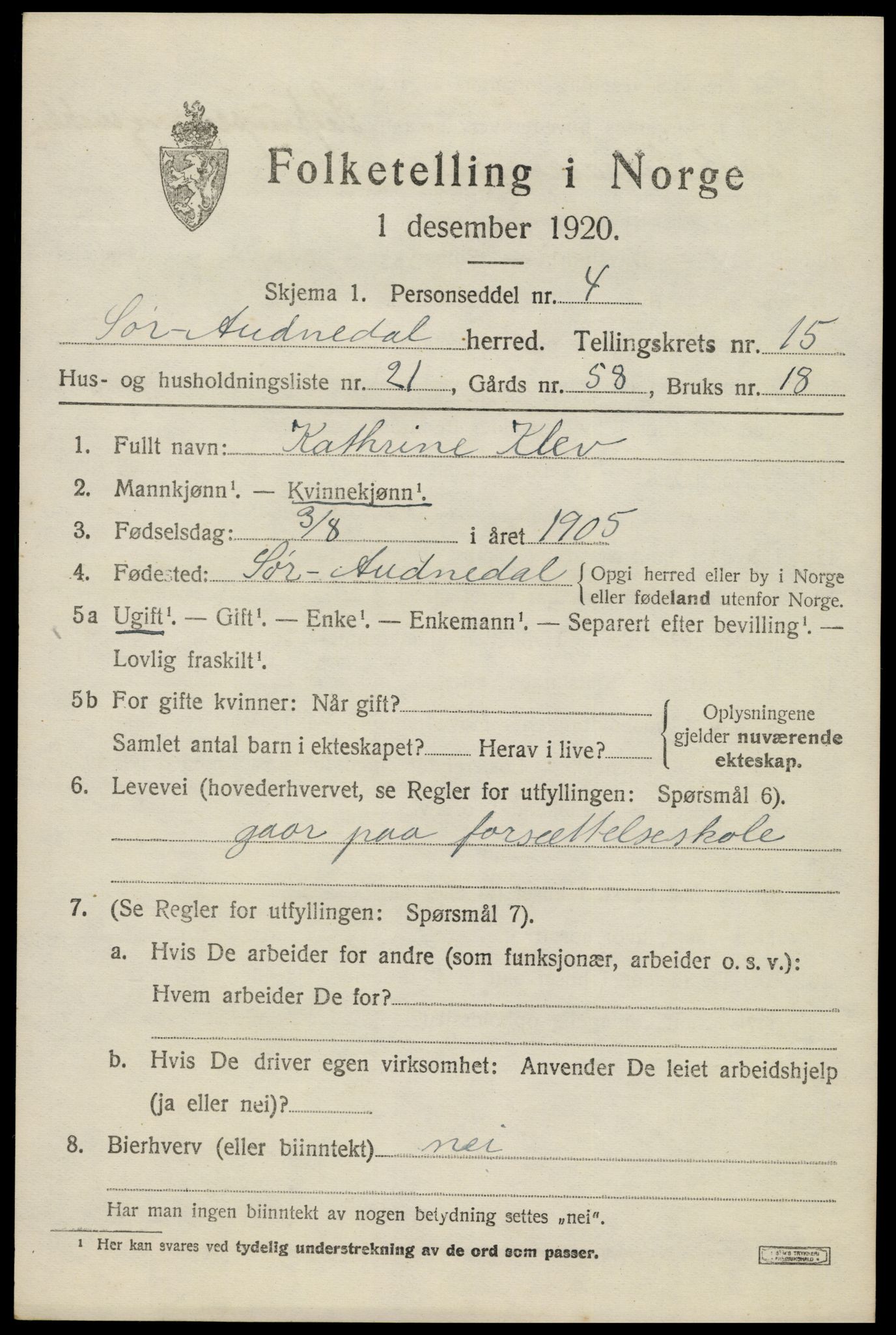 SAK, 1920 census for Sør-Audnedal, 1920, p. 5913