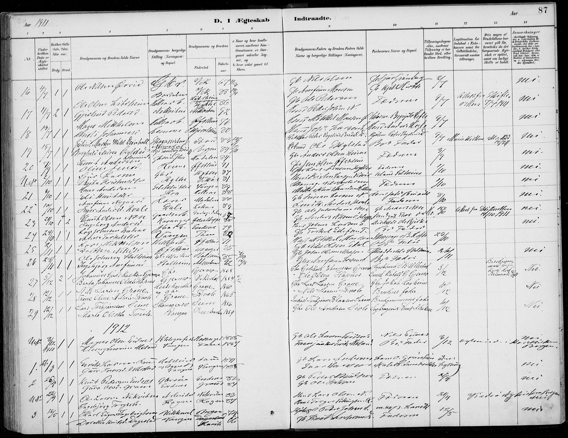 Voss sokneprestembete, SAB/A-79001/H/Haa: Parish register (official) no. C  1, 1887-1915, p. 87