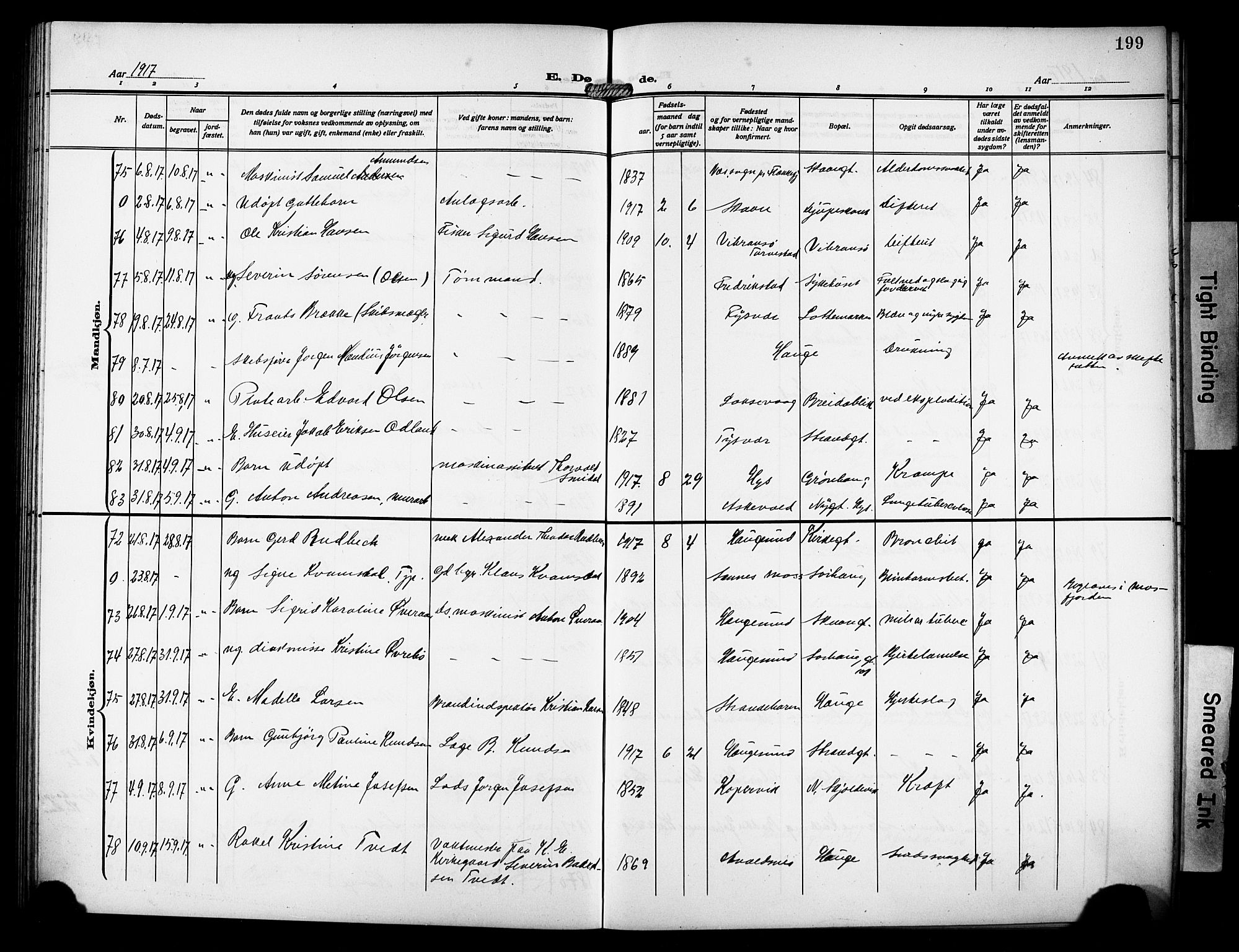 Haugesund sokneprestkontor, AV/SAST-A -101863/H/Ha/Hab/L0008: Parish register (copy) no. B 8, 1909-1921, p. 199