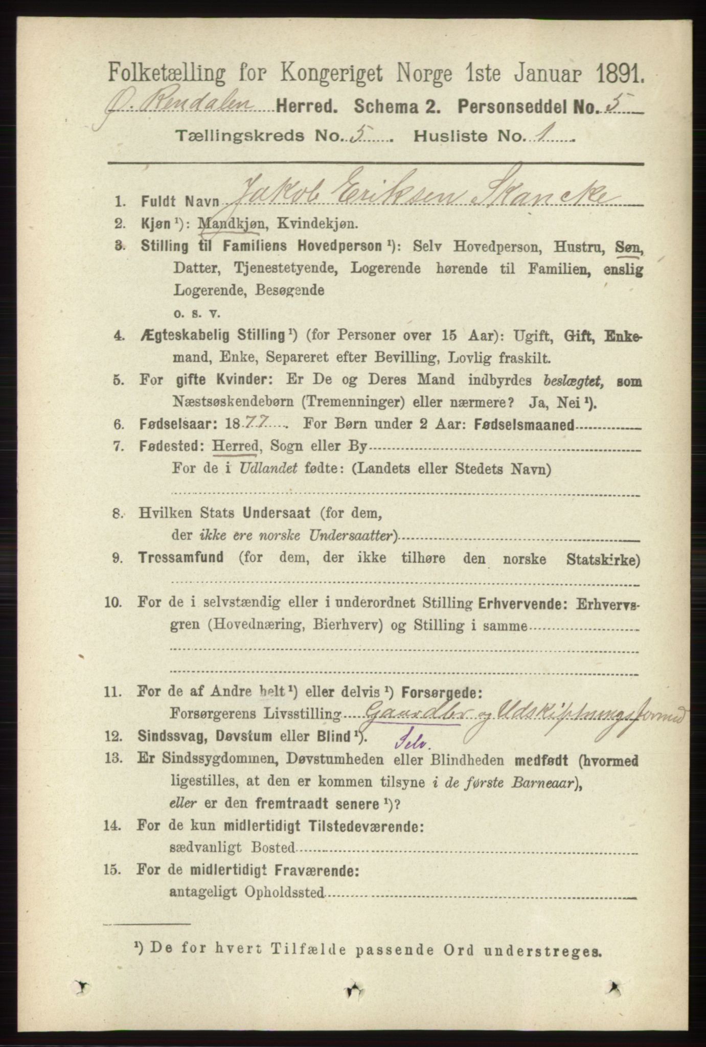 RA, 1891 census for 0433 Øvre Rendal, 1891, p. 1312