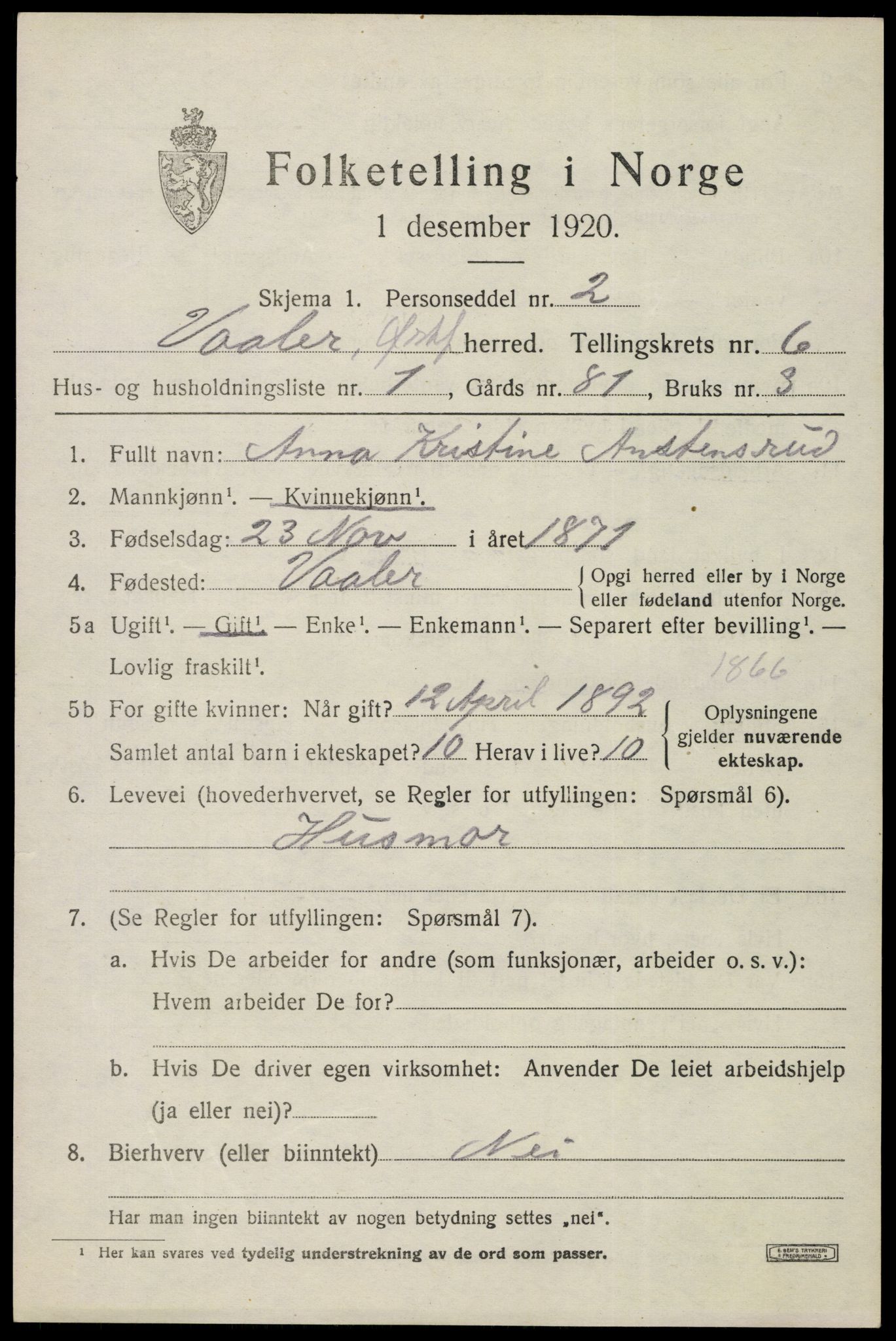 SAO, 1920 census for Våler, 1920, p. 3150