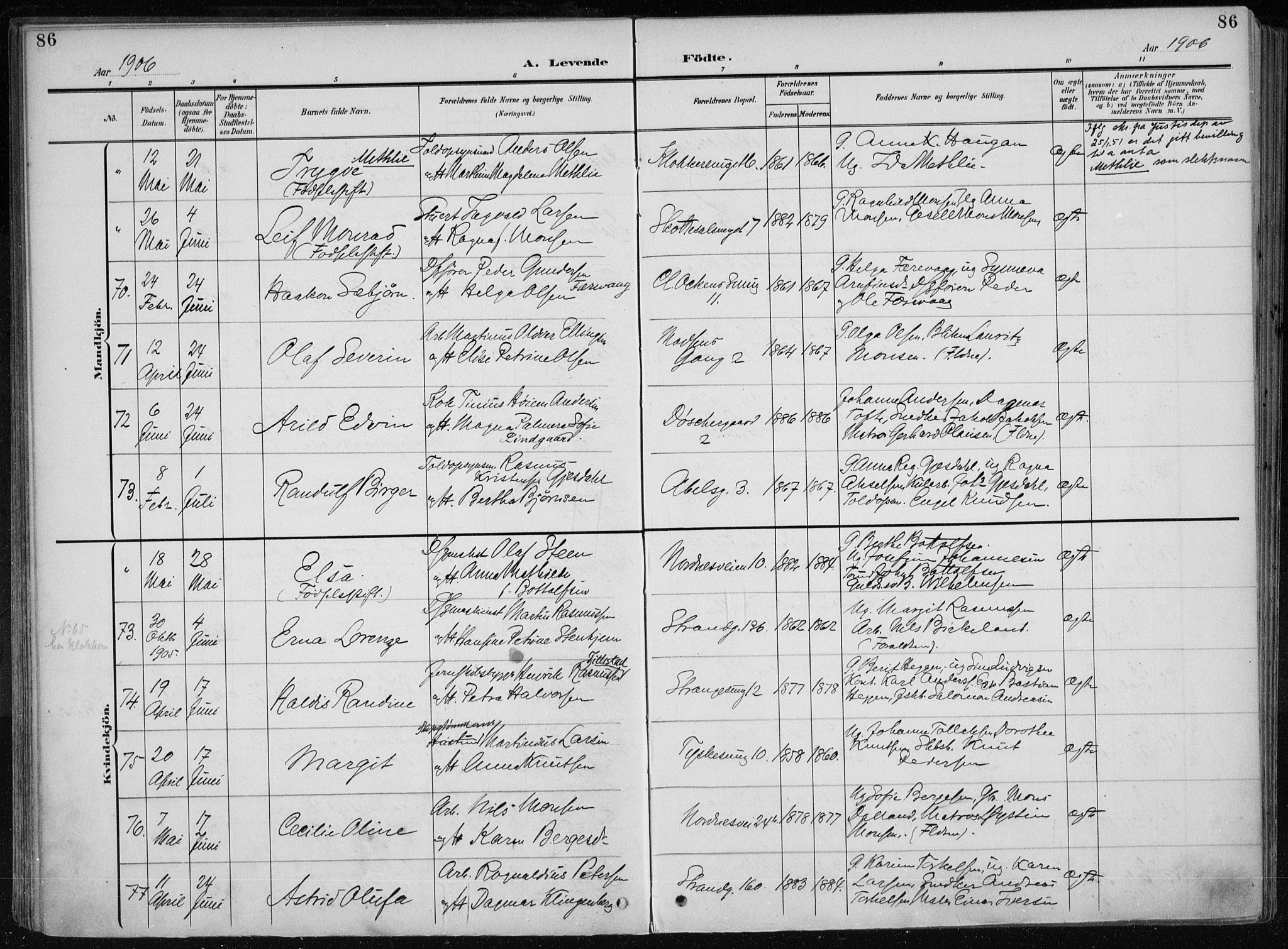 Nykirken Sokneprestembete, AV/SAB-A-77101/H/Haa/L0019: Parish register (official) no. B 7, 1904-1916, p. 86