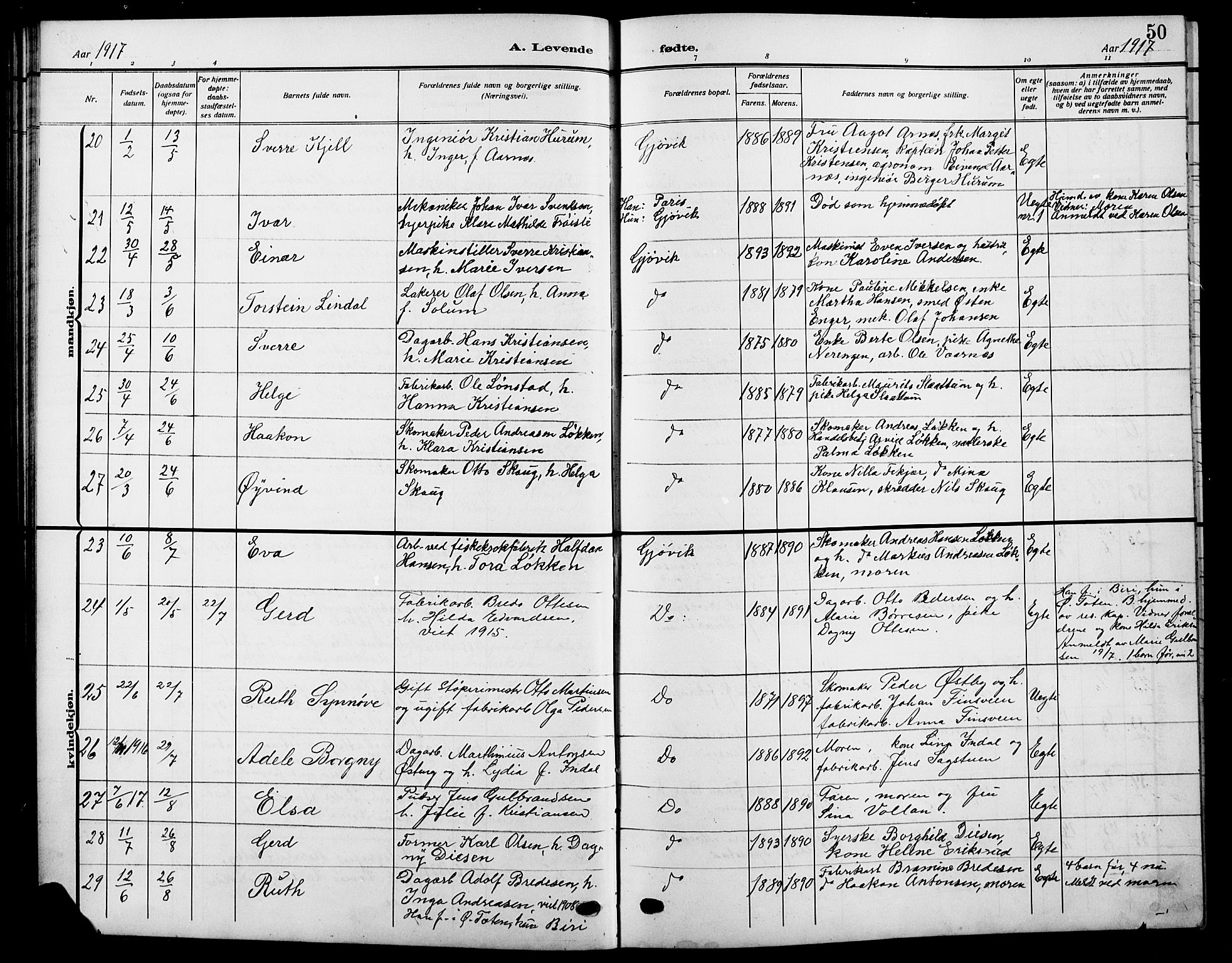 Vardal prestekontor, AV/SAH-PREST-100/H/Ha/Hab/L0014: Parish register (copy) no. 14, 1911-1922, p. 50