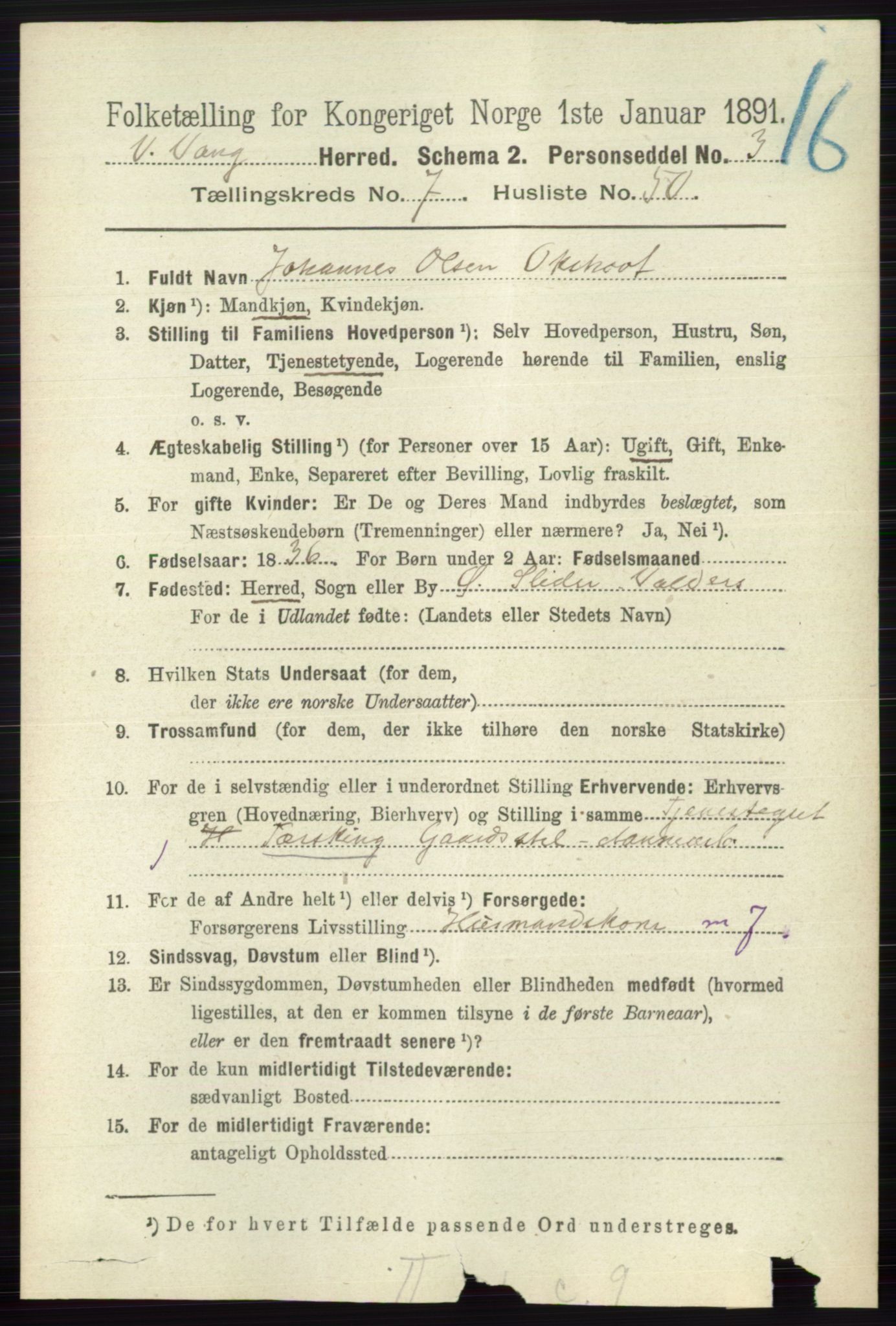 RA, 1891 census for 0545 Vang, 1891, p. 1721