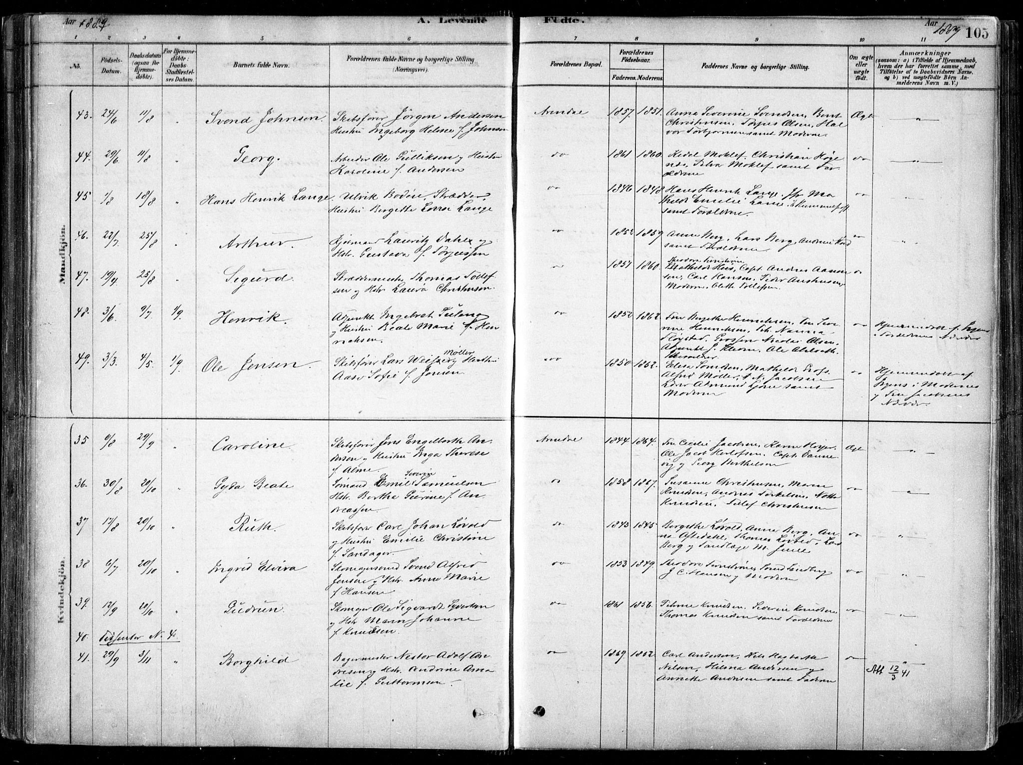 Arendal sokneprestkontor, Trefoldighet, AV/SAK-1111-0040/F/Fa/L0008: Parish register (official) no. A 8, 1878-1899, p. 105