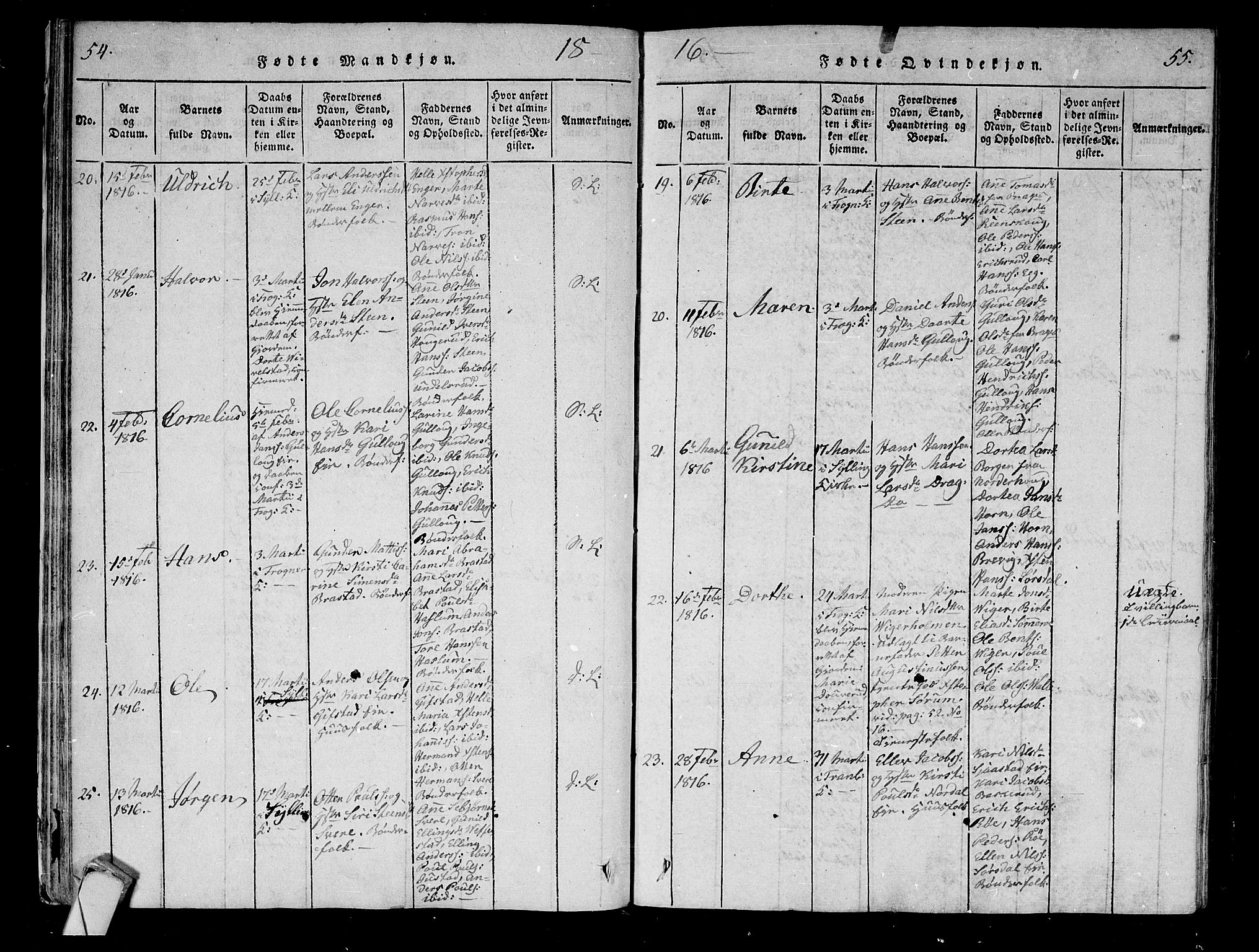 Lier kirkebøker, AV/SAKO-A-230/F/Fa/L0008: Parish register (official) no. I 8, 1813-1825, p. 54-55