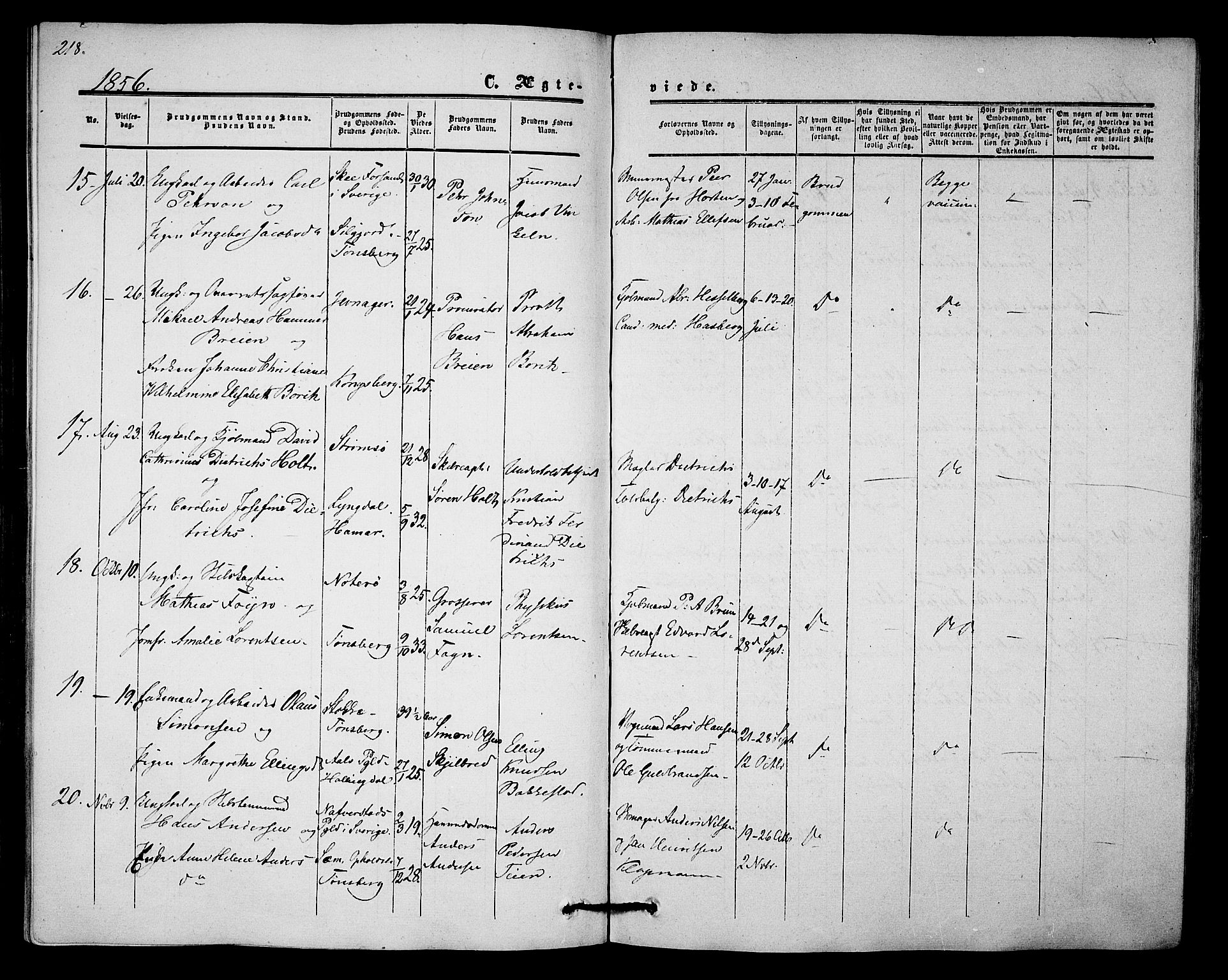 Tønsberg kirkebøker, AV/SAKO-A-330/G/Ga/L0003: Parish register (copy) no. 3, 1855-1864, p. 218