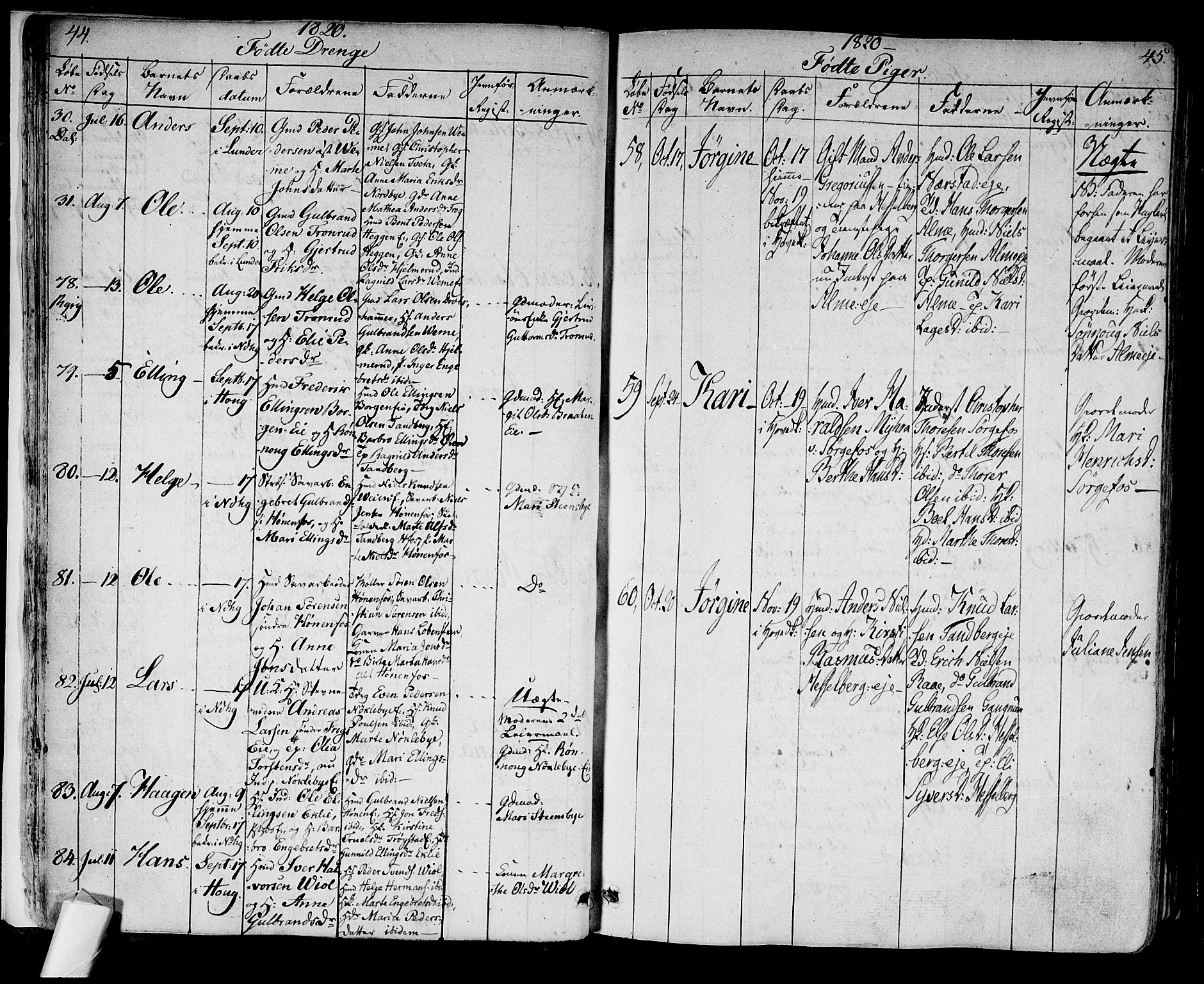 Norderhov kirkebøker, SAKO/A-237/F/Fa/L0009: Parish register (official) no. 9, 1819-1837, p. 44-45