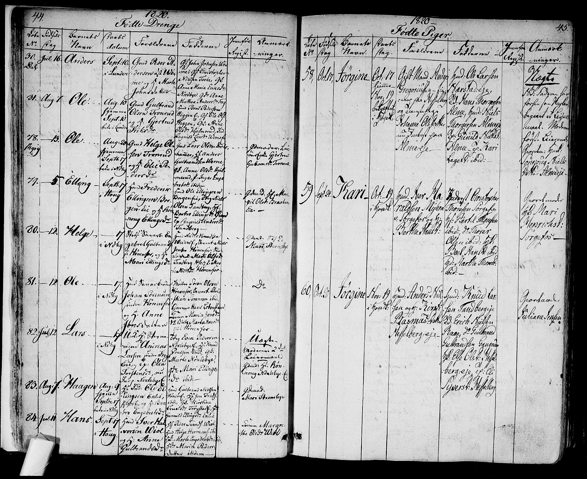 Norderhov kirkebøker, AV/SAKO-A-237/F/Fa/L0009: Parish register (official) no. 9, 1819-1837, p. 44-45