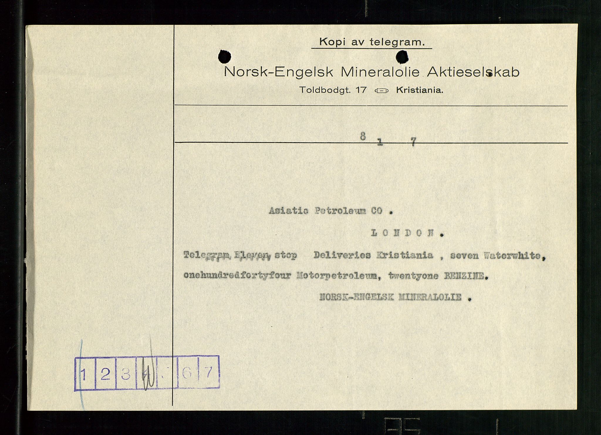 Pa 1521 - A/S Norske Shell, AV/SAST-A-101915/E/Ea/Eaa/L0001: Sjefskorrespondanse, 1917, p. 315