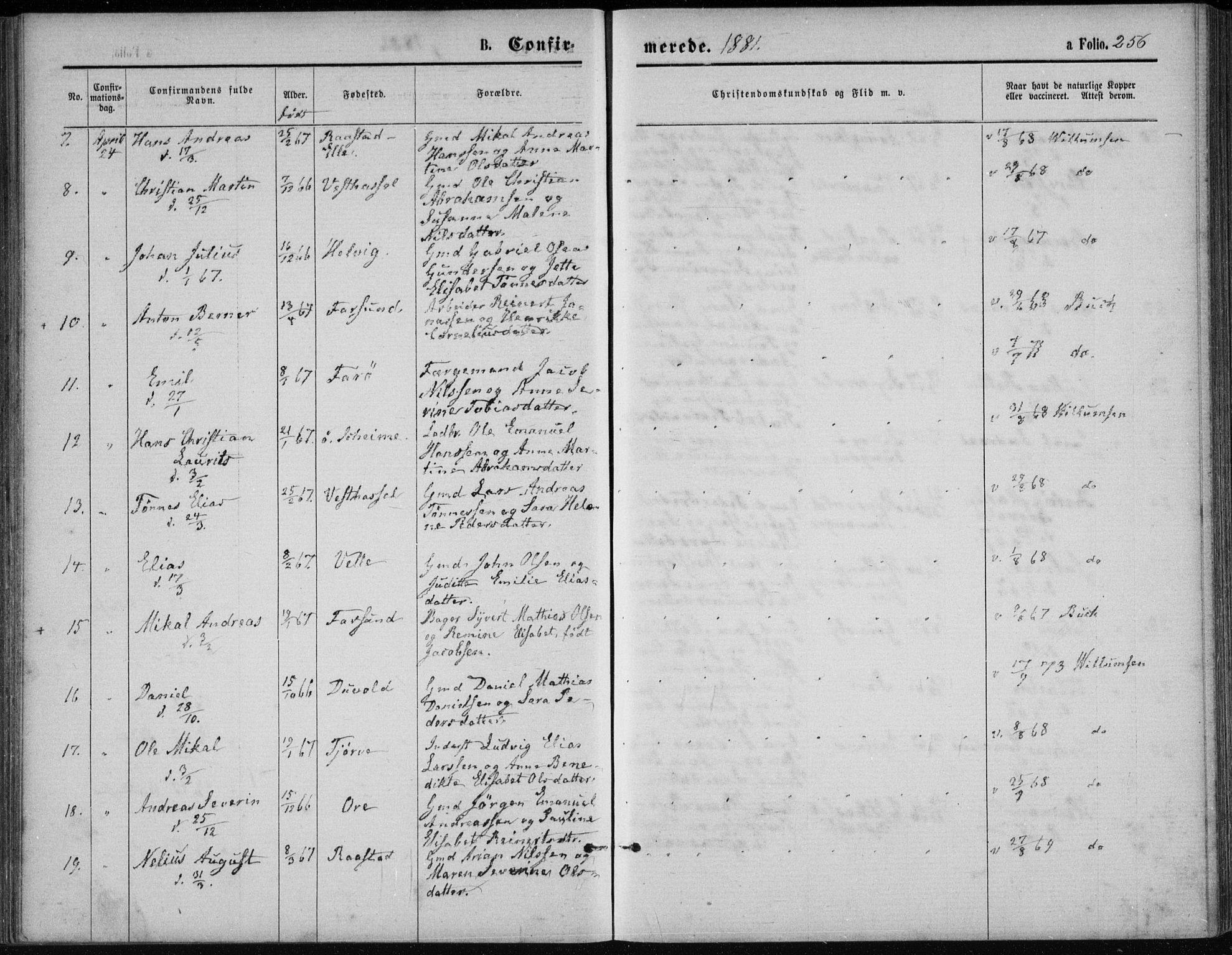 Lista sokneprestkontor, AV/SAK-1111-0027/F/Fb/L0004: Parish register (copy) no. B 4, 1877-1891, p. 256