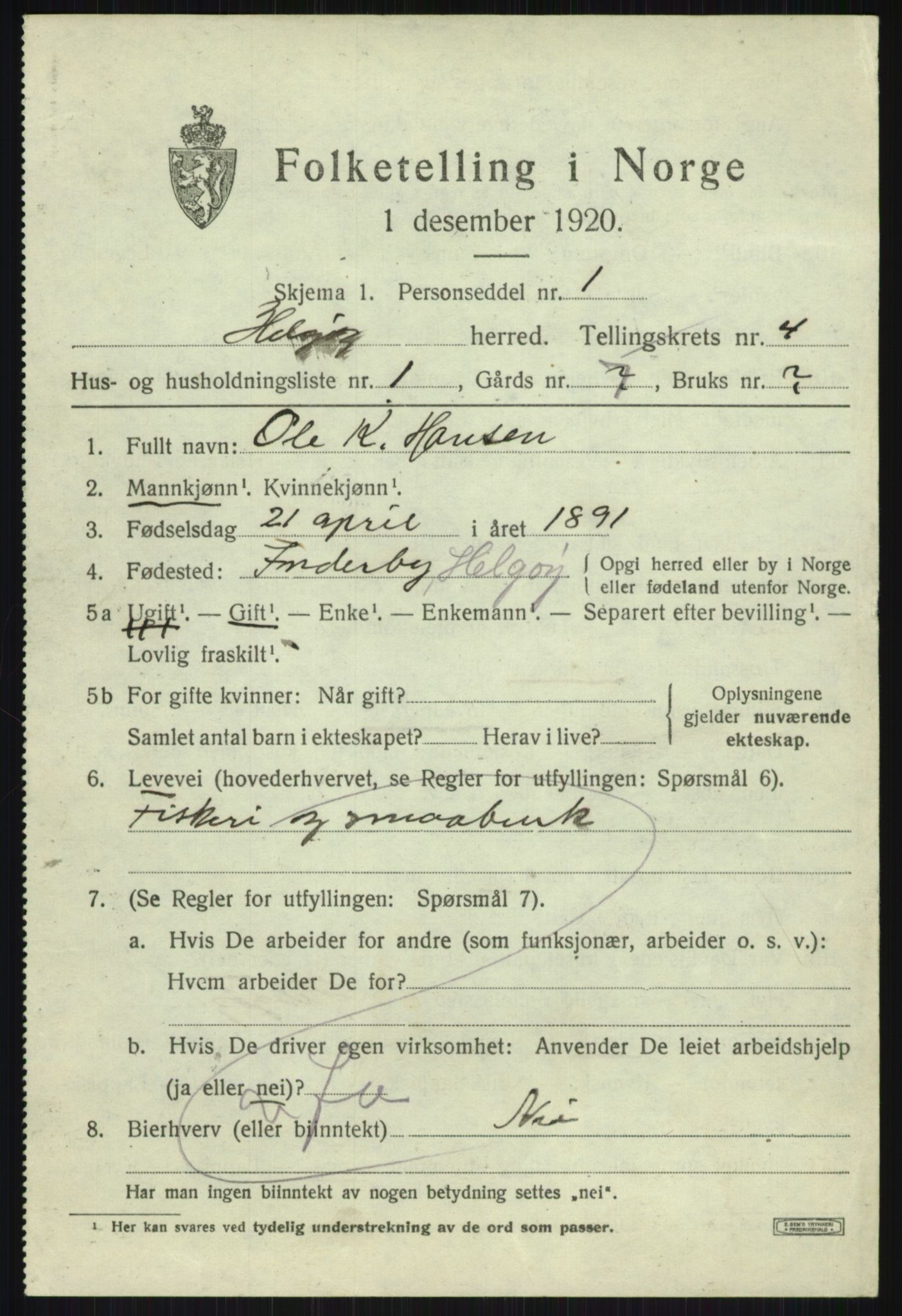 SATØ, 1920 census for Helgøy, 1920, p. 1644