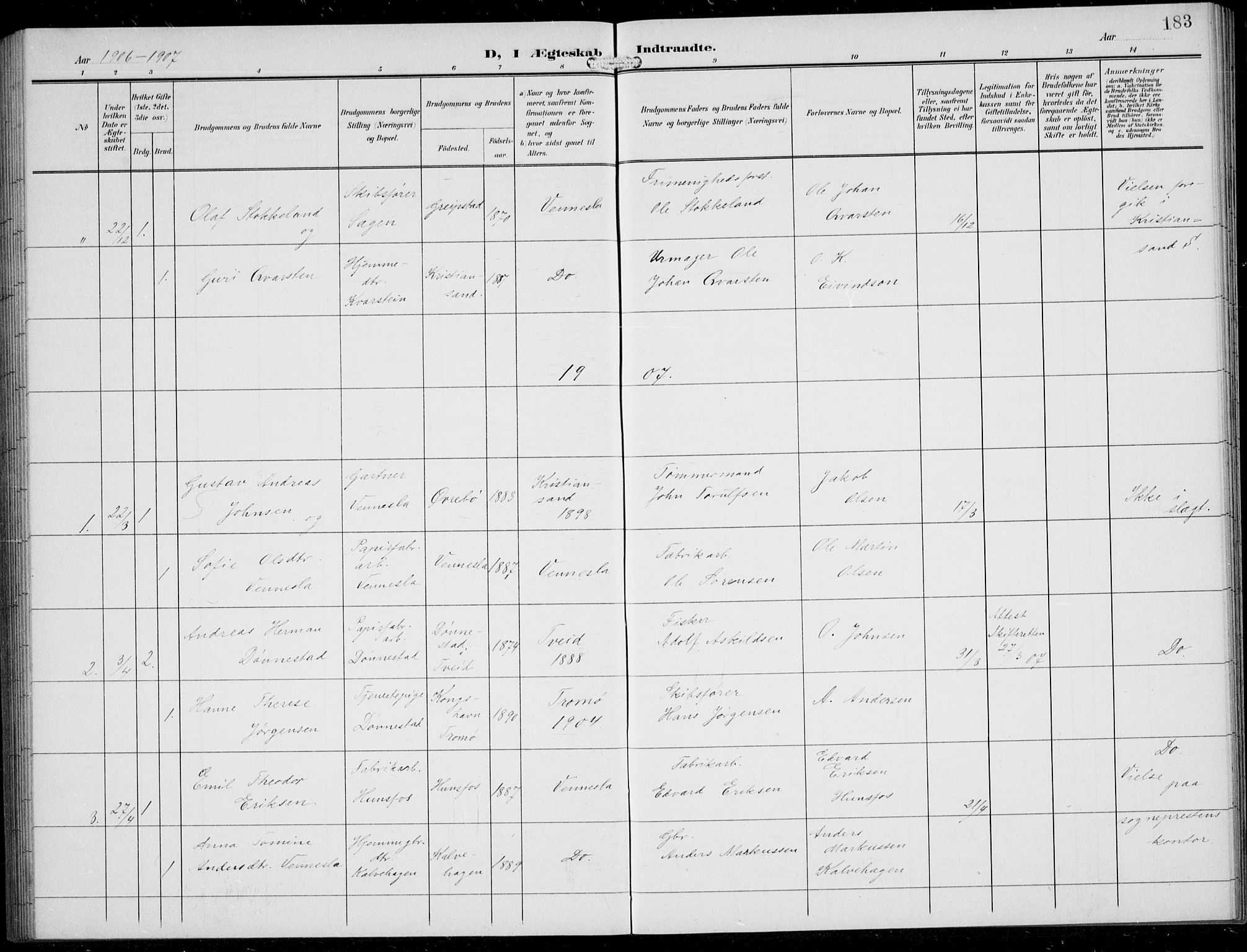 Vennesla sokneprestkontor, SAK/1111-0045/Fb/Fbb/L0005: Parish register (copy) no. B 5, 1903-1913, p. 183