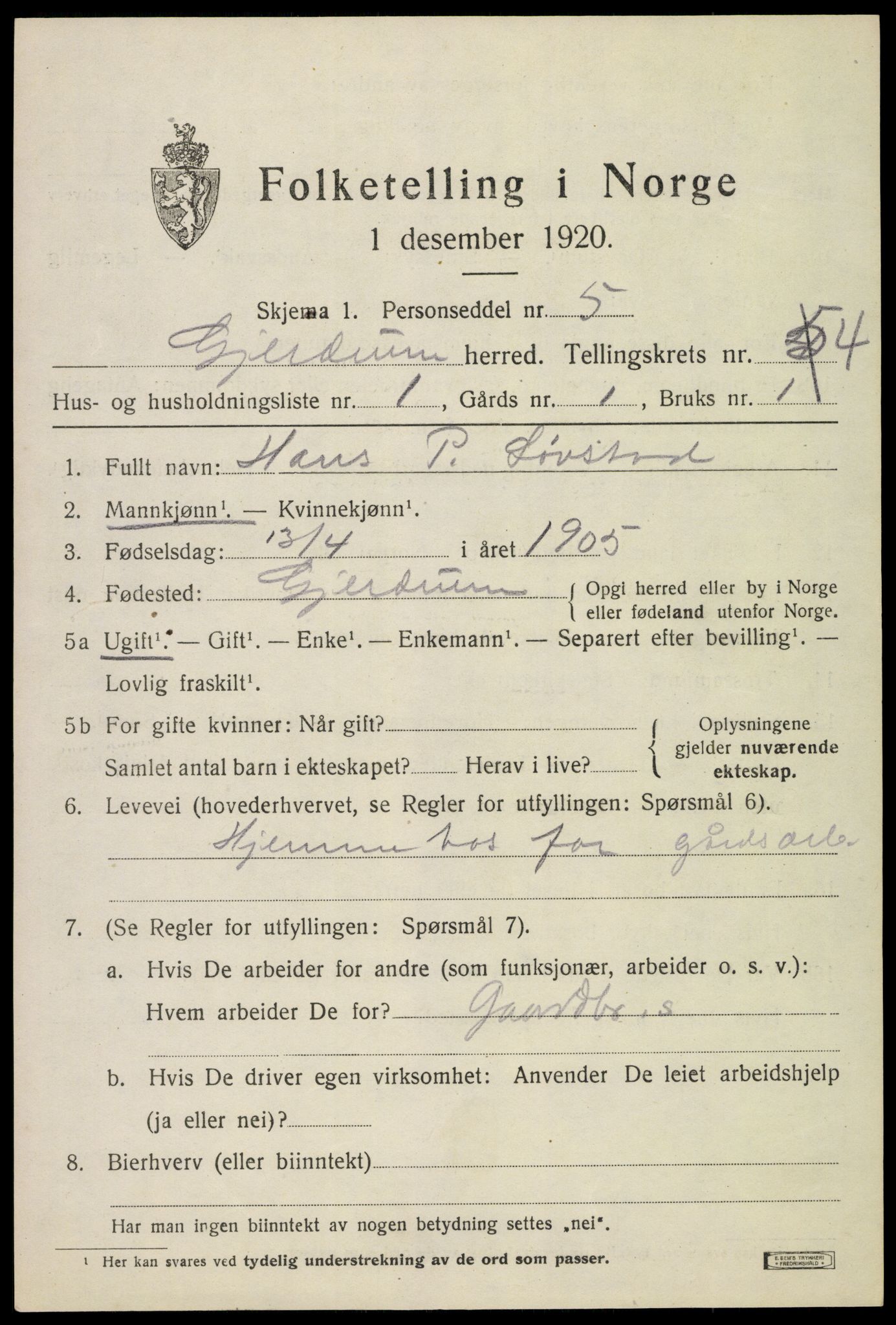 SAO, 1920 census for Gjerdrum, 1920, p. 3308