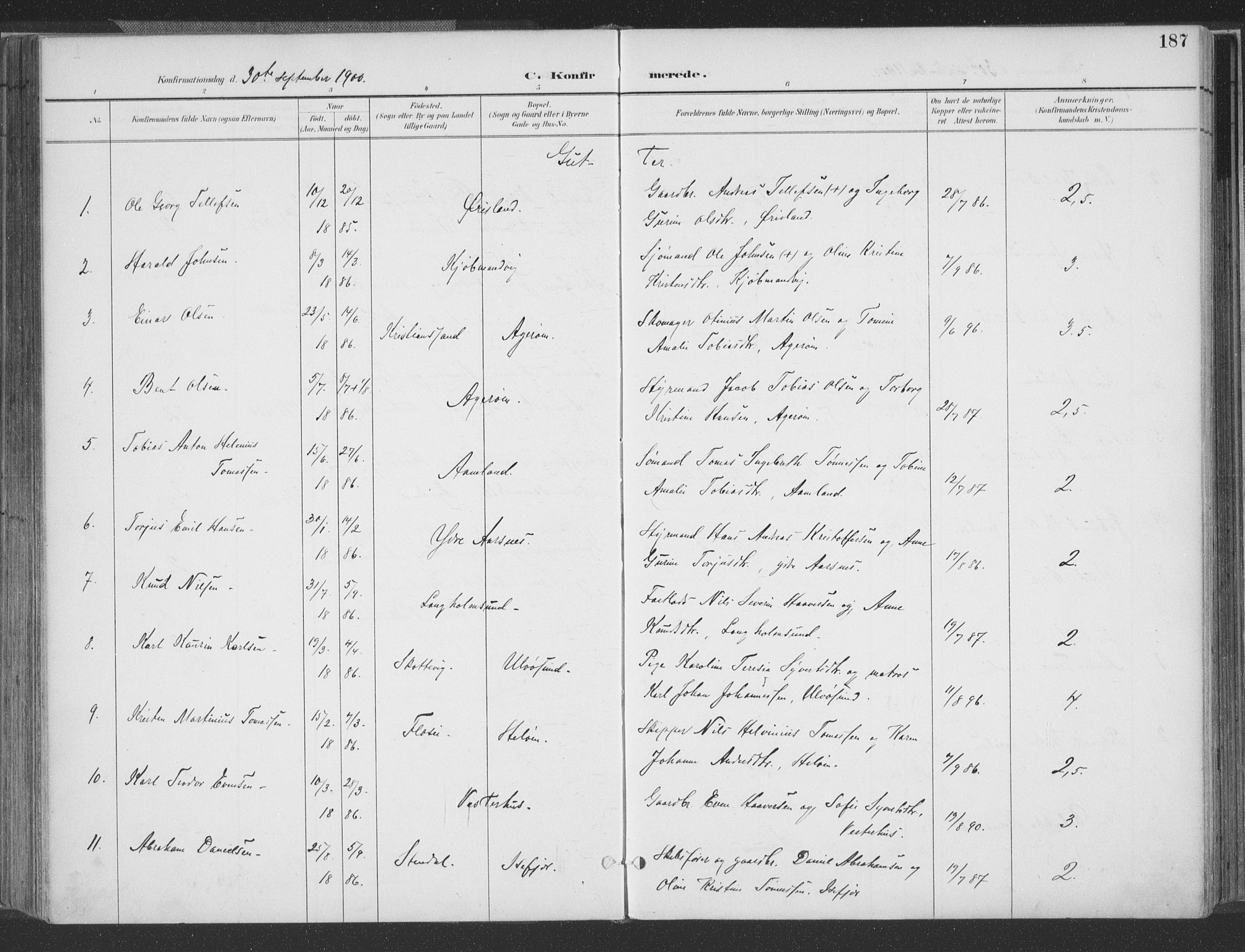 Høvåg sokneprestkontor, AV/SAK-1111-0025/F/Fa/L0006: Parish register (official) no. A 6, 1894-1923, p. 187