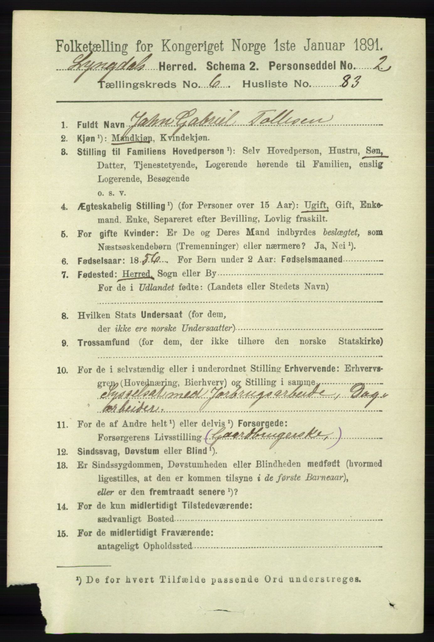 RA, 1891 census for 1032 Lyngdal, 1891, p. 2832