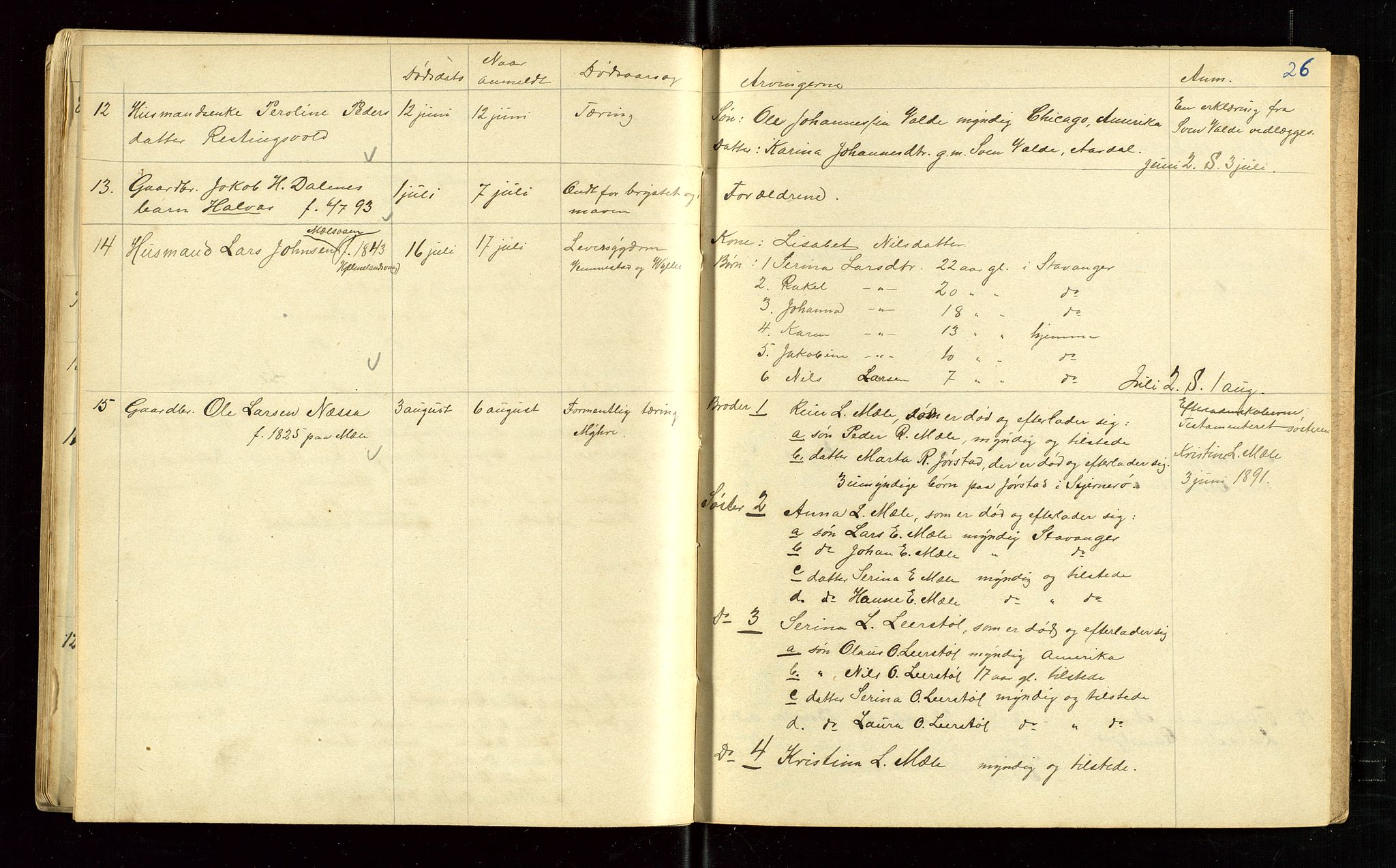 Årdal lensmannskontor, SAST/A-100453/Gga/L0002: "Protokol over dødsanmeldelser gjorte til lensmanden i Aardal", 1885-1895, p. 26