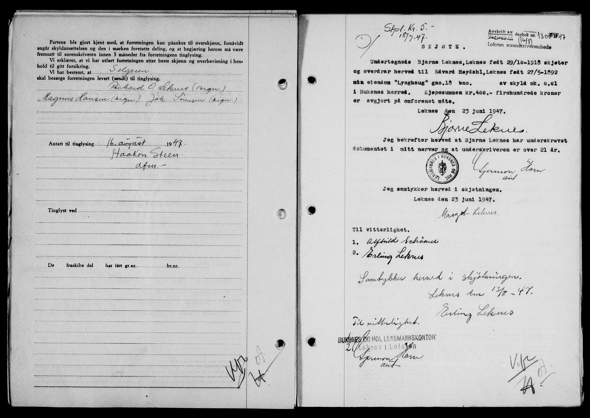 Lofoten sorenskriveri, SAT/A-0017/1/2/2C/L0016a: Mortgage book no. 16a, 1947-1947, Diary no: : 1305/1947