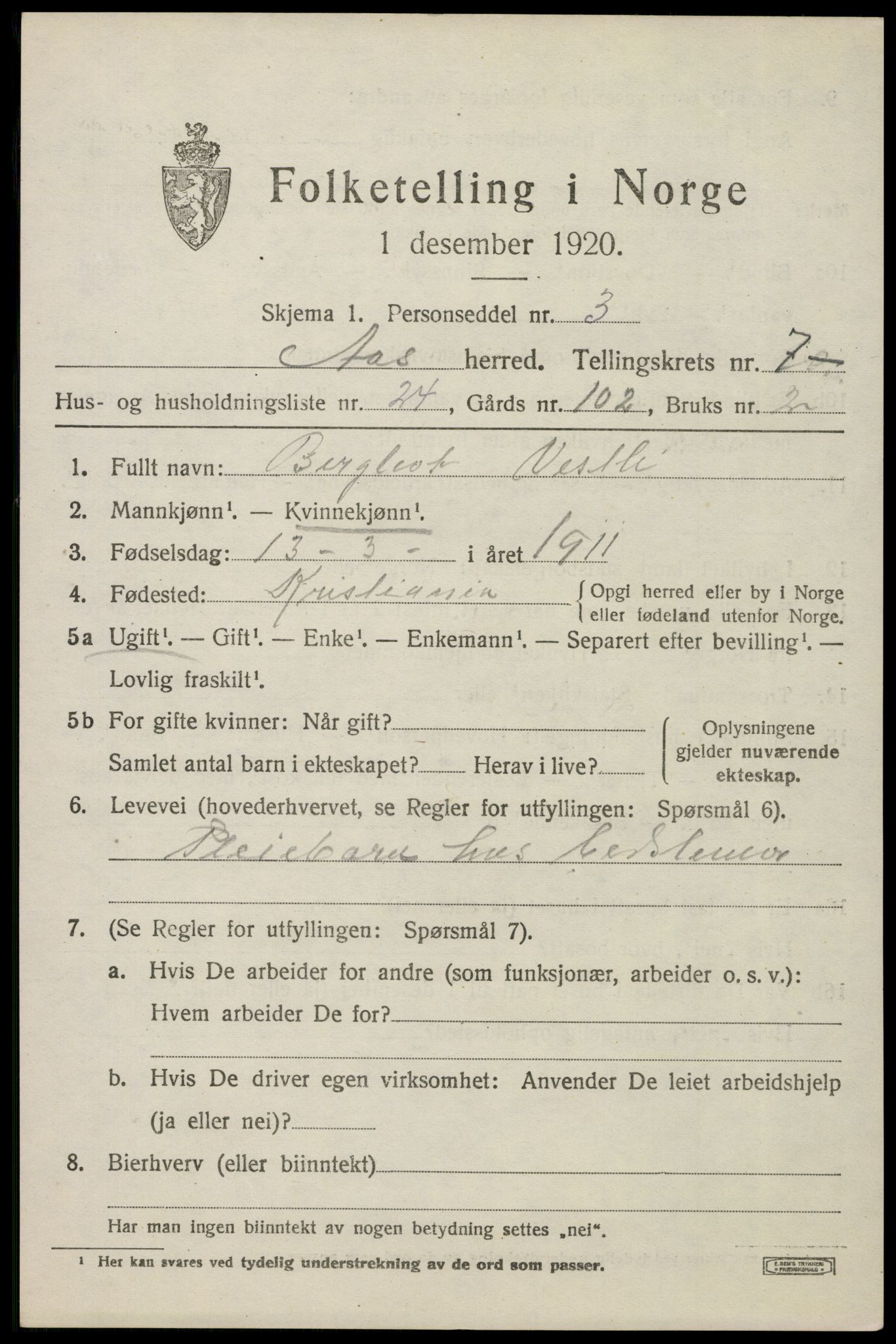 SAO, 1920 census for Ås, 1920, p. 7988