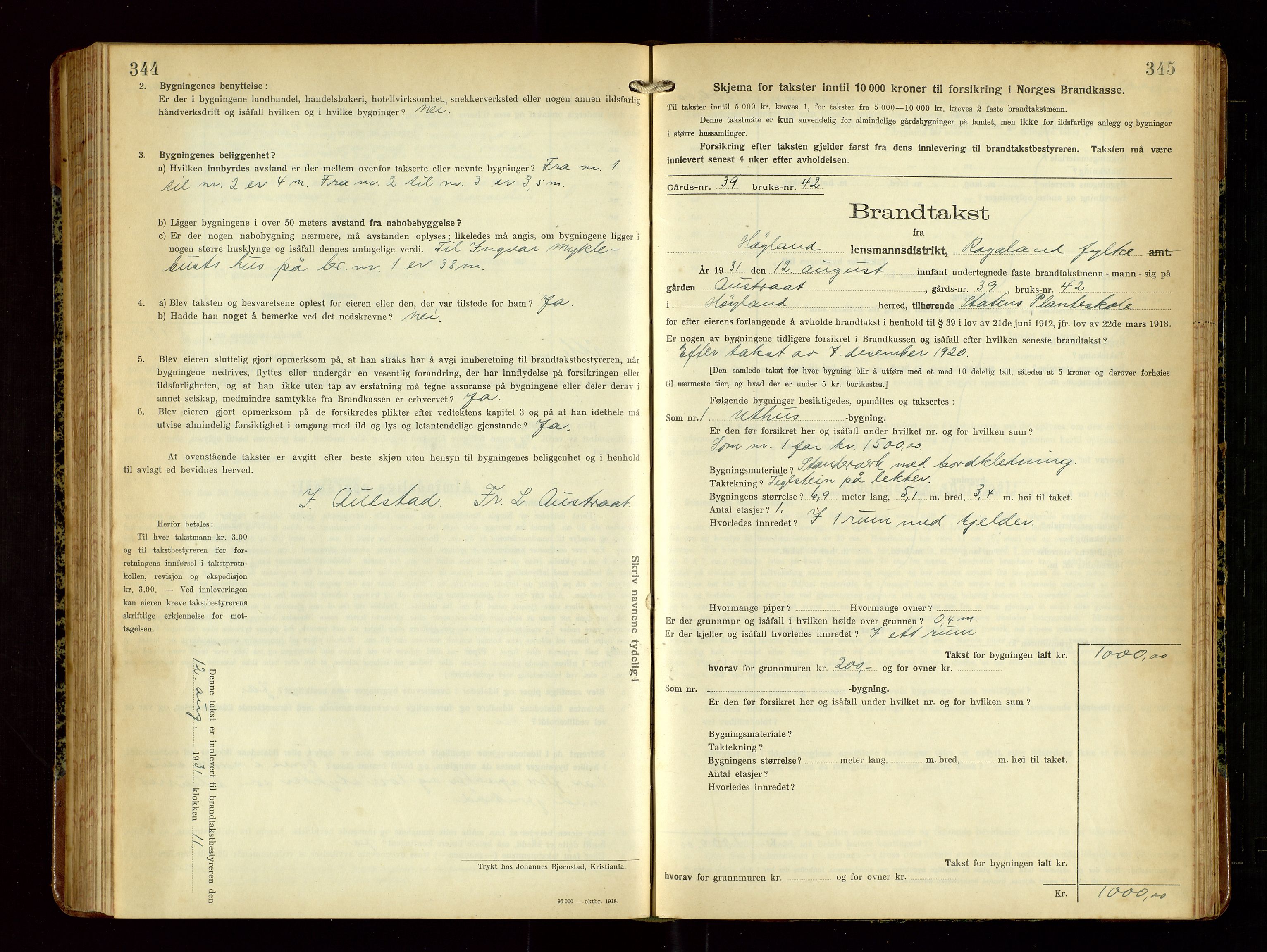 Høyland/Sandnes lensmannskontor, AV/SAST-A-100166/Gob/L0004: "Brandtakstprotokol", 1924-1933, p. 344-345