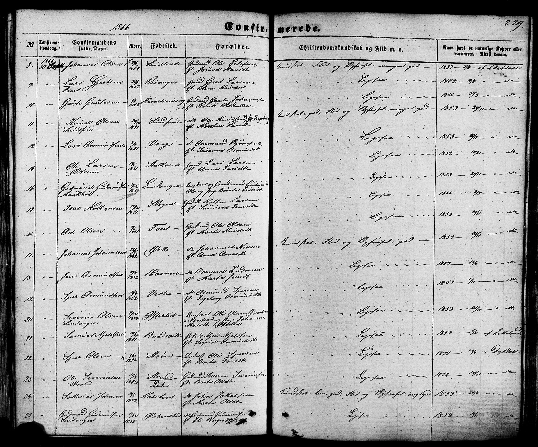 Skjold sokneprestkontor, AV/SAST-A-101847/H/Ha/Haa/L0008: Parish register (official) no. A 8, 1856-1882, p. 229