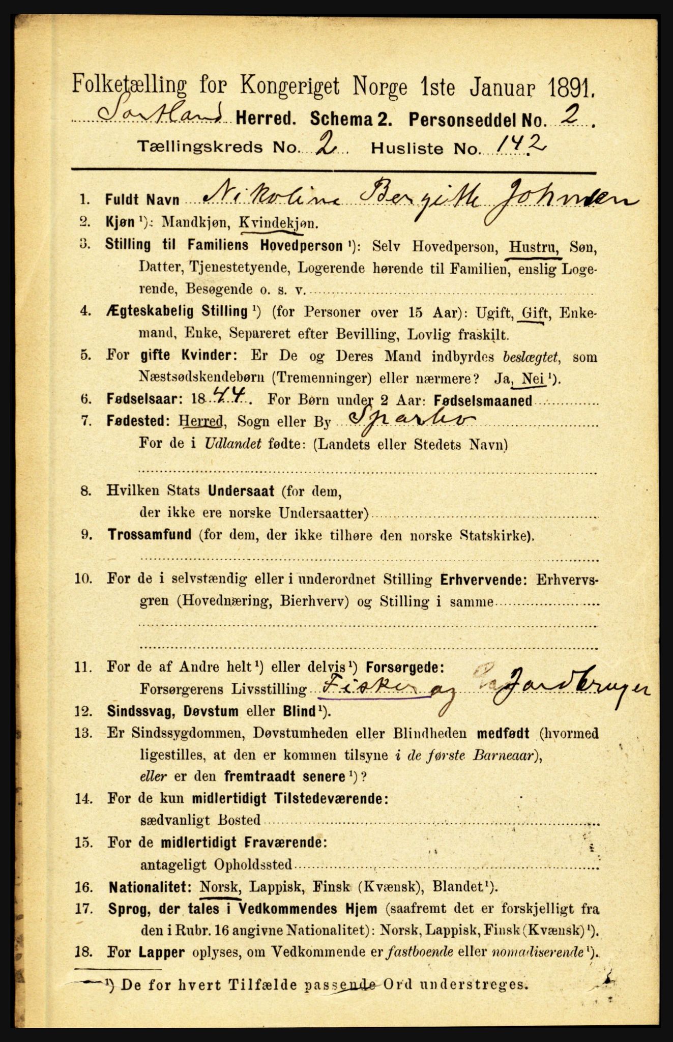 RA, 1891 census for 1870 Sortland, 1891, p. 2073